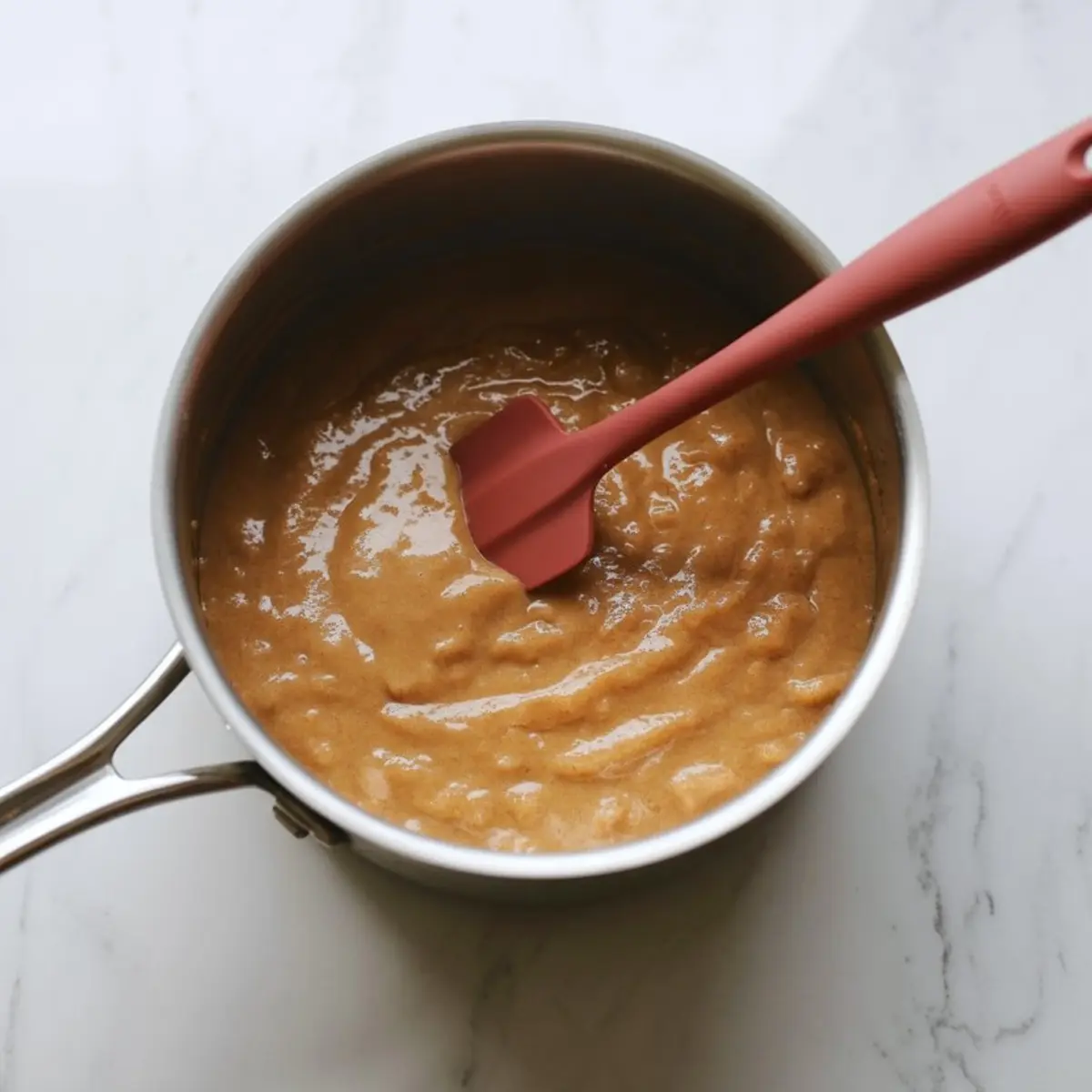 Stainless steel saucepan filled with thick, golden butterscotch pudding being stirred with a red silicone spatula on a white marble counter.