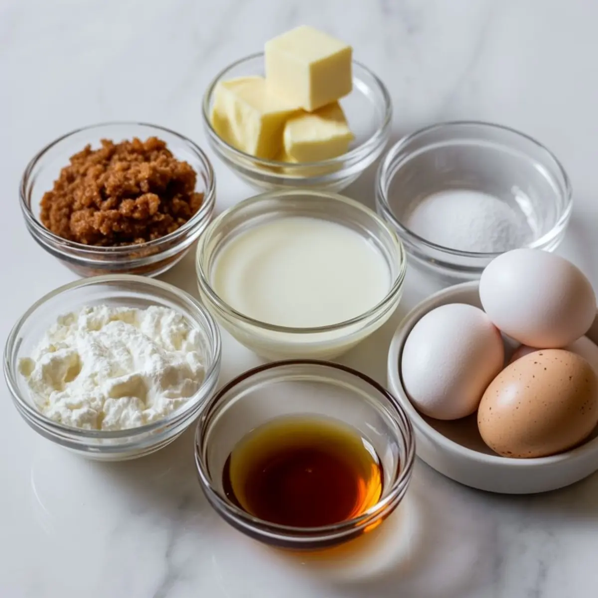 Baking ingredients for butterscotch pudding arranged in glass bowls on marble, including brown sugar, butter, milk, vanilla, cornstarch, salt, and eggs.
