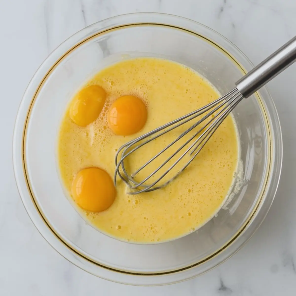 Clear glass bowl with eggs and whisk, showing the beginning stages of whisking eggs for homemade butterscotch pudding.