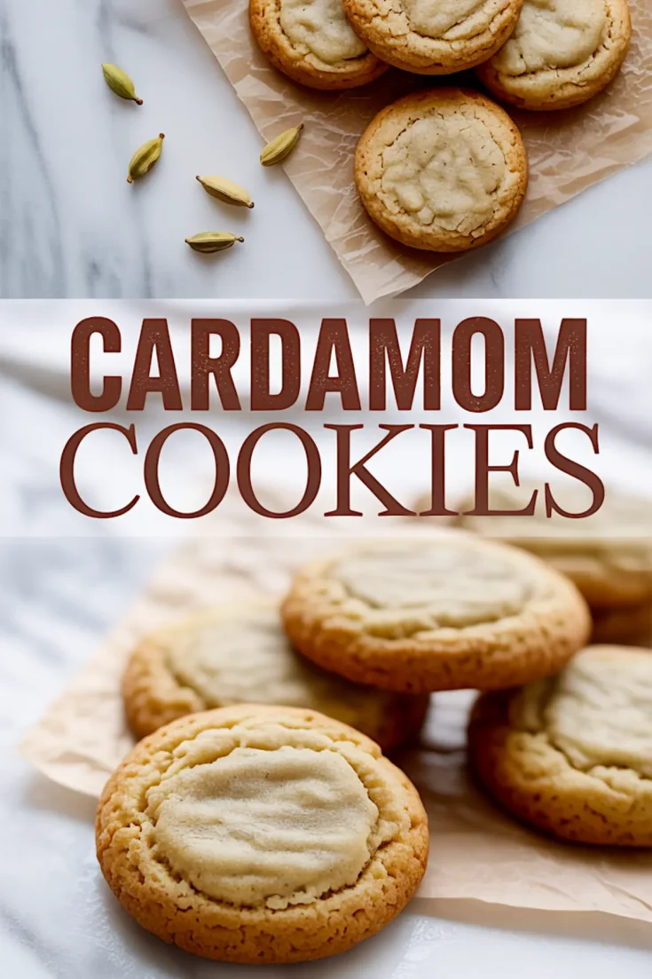 Collage image showing cardamom cookies on parchment paper next to whole green cardamom pods, with bold text reading “Cardamom Cookies” in the center on a marble background.
