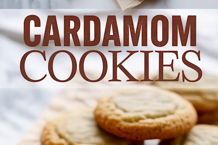 Collage image showing cardamom cookies on parchment paper next to whole green cardamom pods, with bold text reading “Cardamom Cookies” in the center on a marble background.
