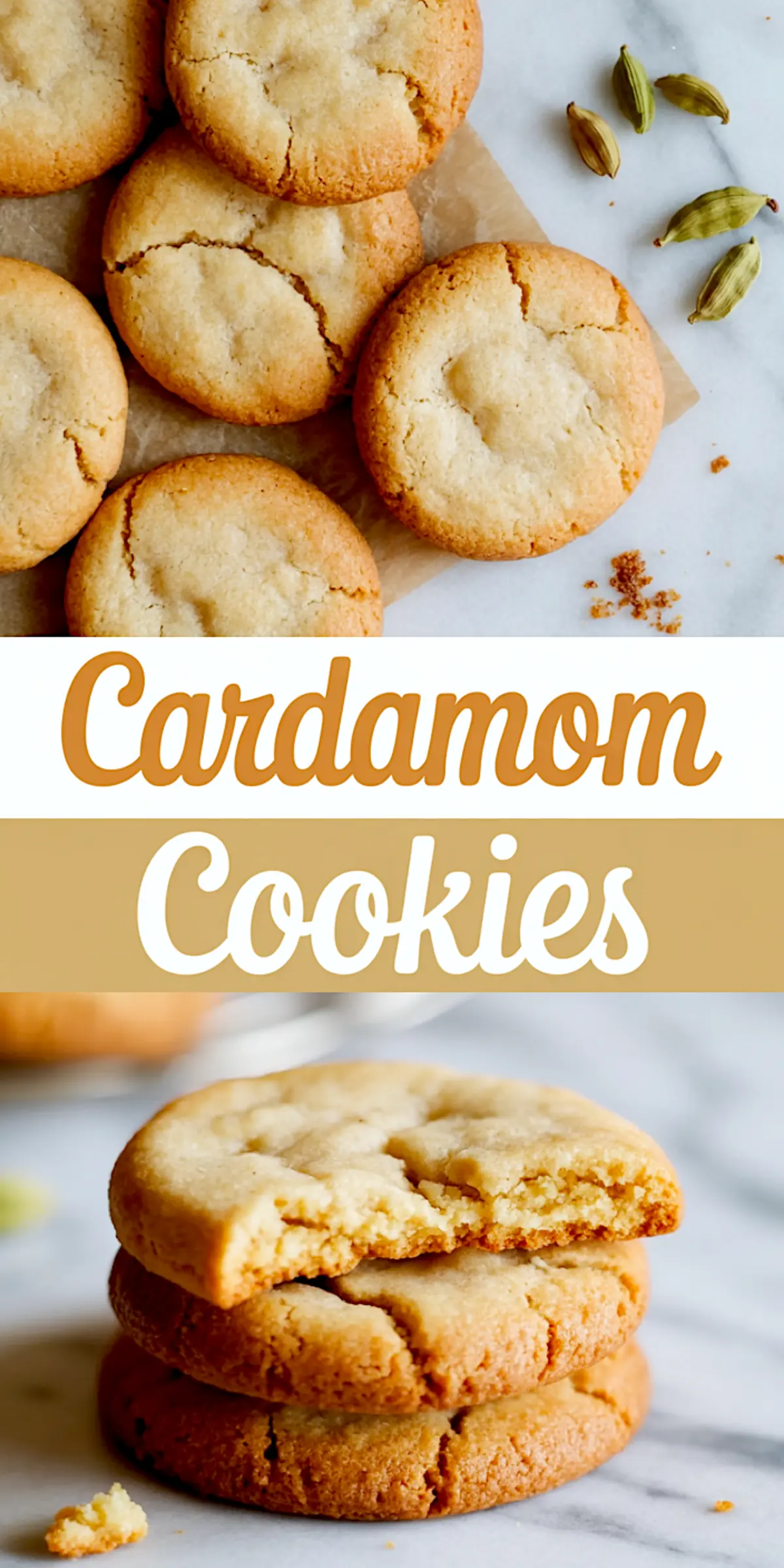 Collage image featuring crisp cardamom cookies on parchment and marble surfaces, with whole green cardamom pods and a stack of cookies showing a soft, crumbly interior, overlaid with “Cardamom Cookies” text in brown and white.
