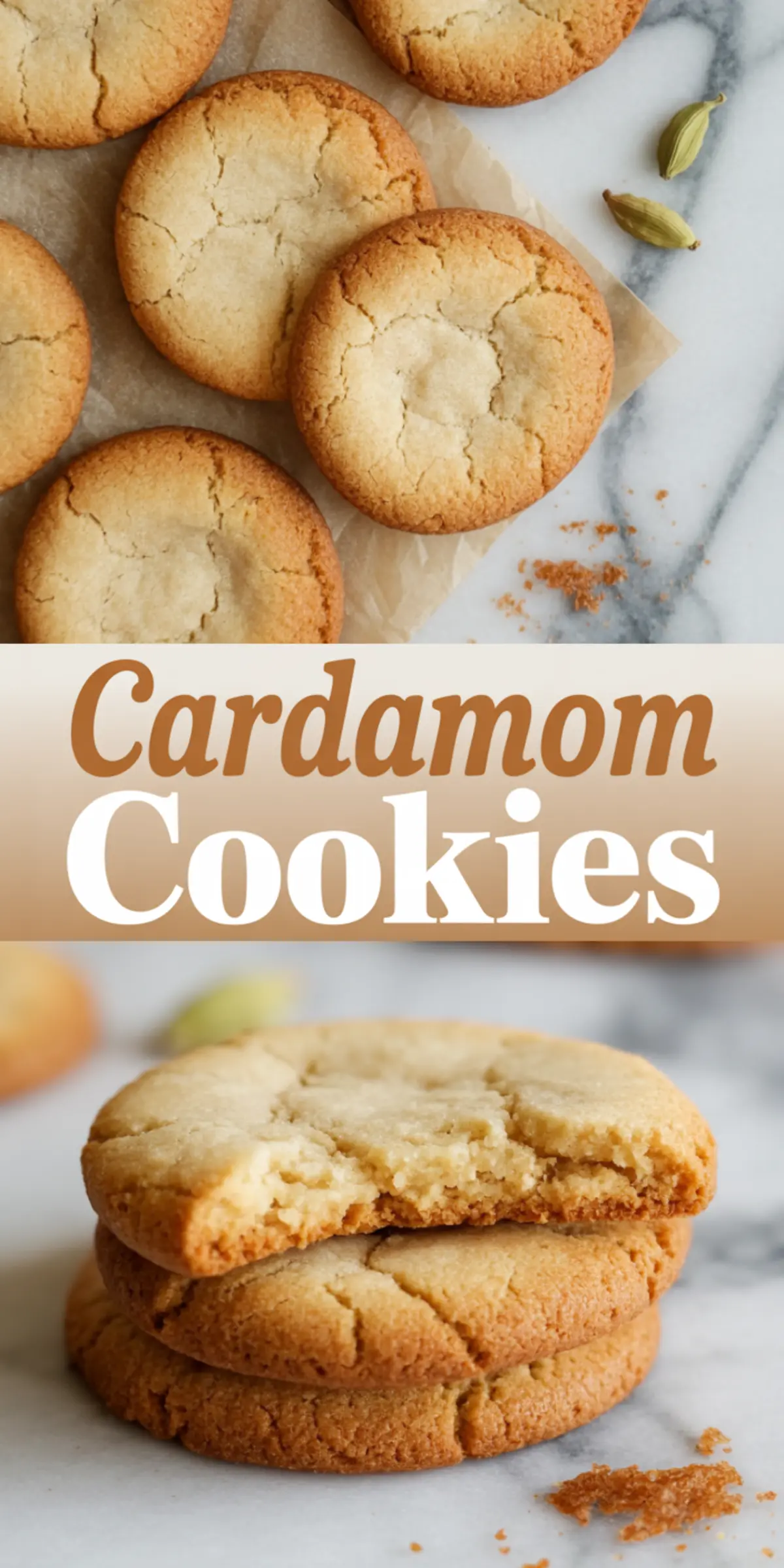 Collage image with golden brown cardamom cookies on parchment paper, surrounded by cardamom pods, and a close-up of stacked cookies with a bite taken out of the top one, overlaid with “Cardamom Cookies” text.
