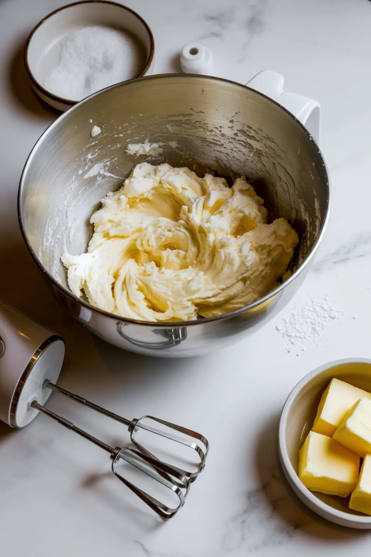 Creamed butter and sugar mixture in a mixing bowl beside a handheld electric mixer, with a bowl of cubed butter and a dish of granulated sugar on a white marble countertop.

