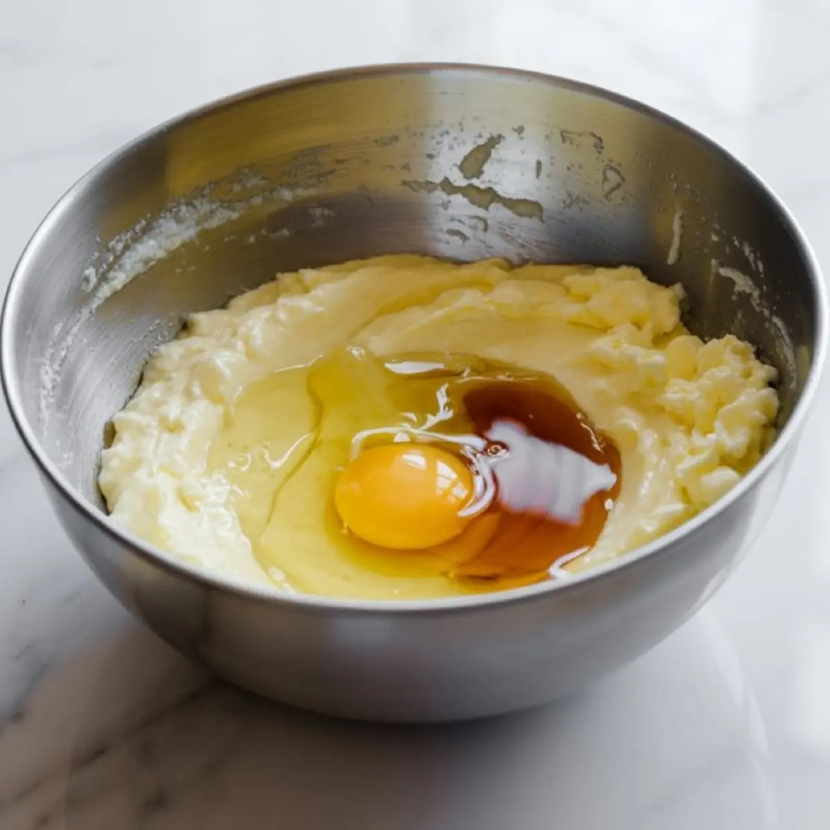 Raw cookie dough in a stainless steel mixing bowl with a cracked egg and vanilla extract resting on top of a creamy butter and sugar mixture, placed on a white marble surface.

