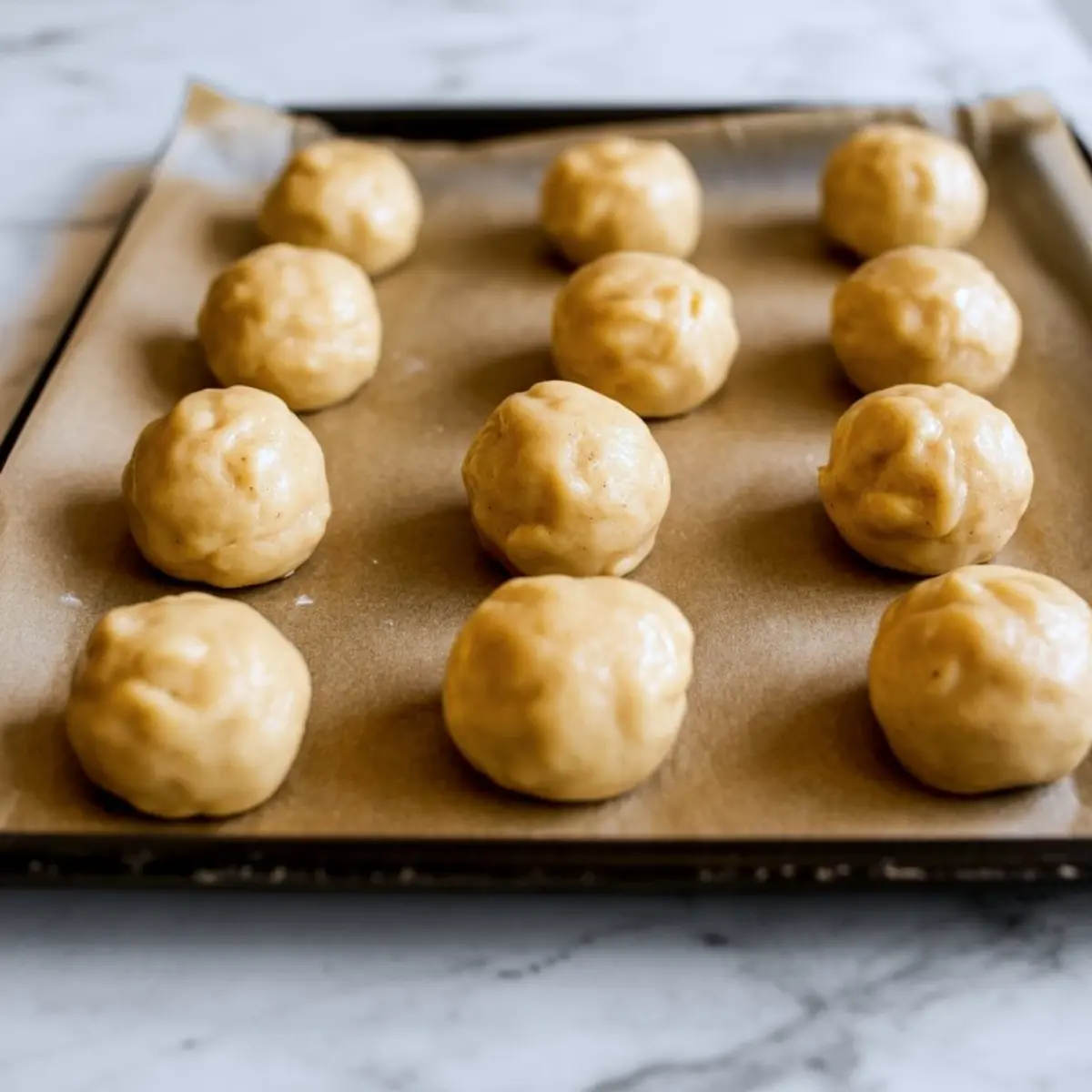 Evenly spaced cookie dough balls arranged on a parchment-lined baking sheet, ready for baking, set on a marble countertop.
