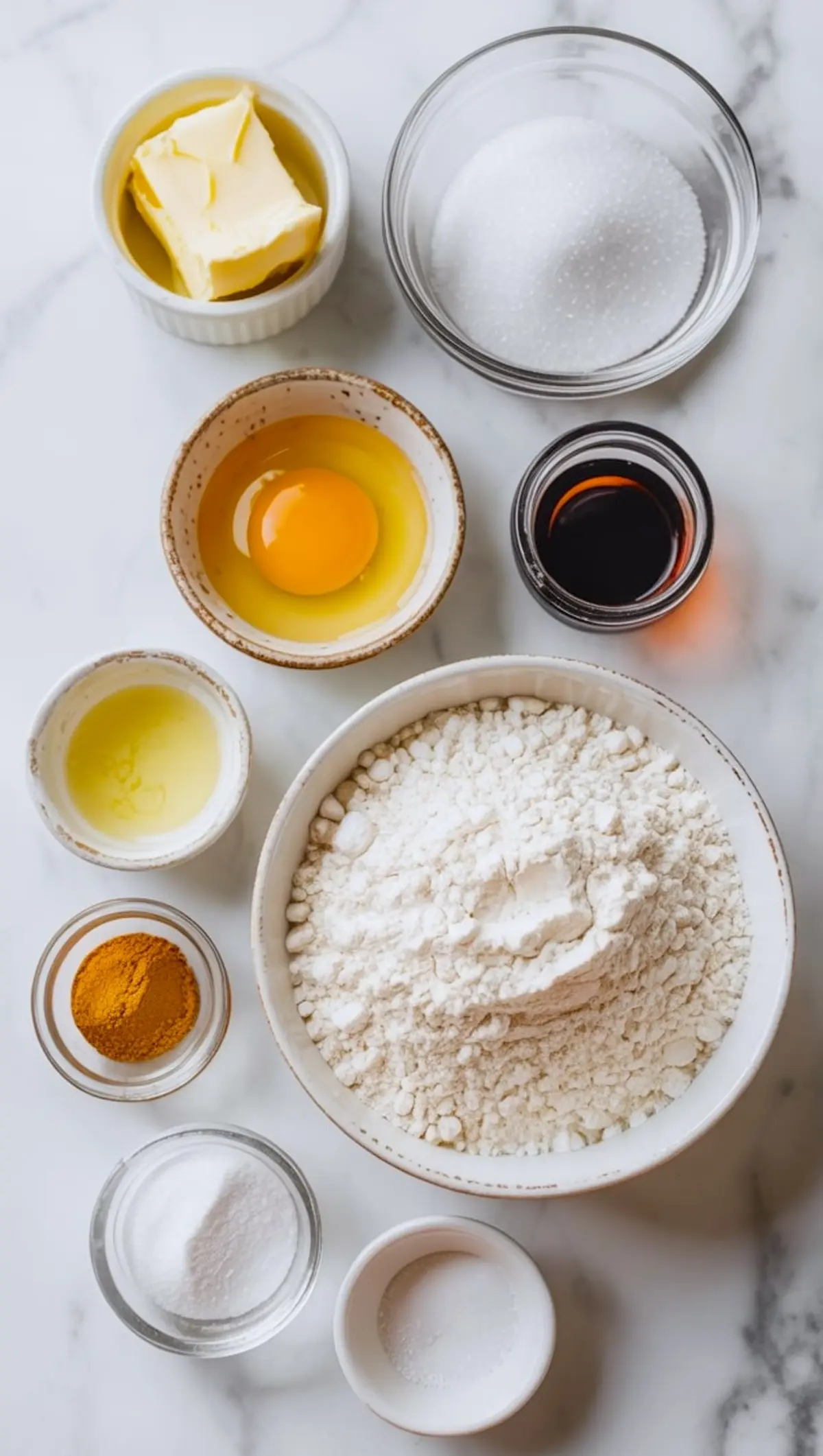 Flat lay of cookie ingredients on a marble surface, including flour, sugar, butter, an egg, vanilla extract, baking powder, salt, cardamom, and oil, all arranged in small bowls.
