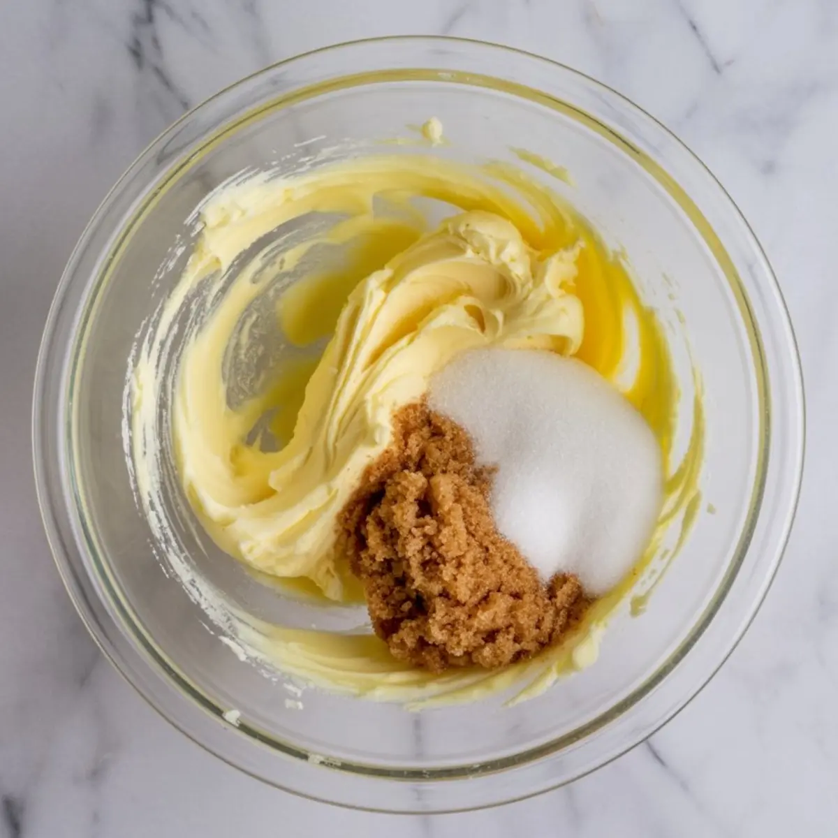 Softened butter creamed with granulated sugar and brown sugar in a glass mixing bowl, partially mixed on a marble surface.