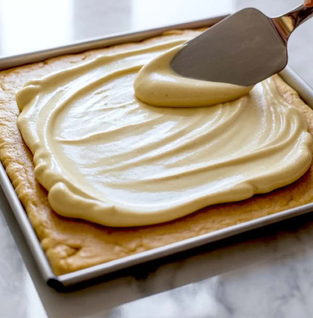 Spatula spreading creamy cheesecake batter over a baked snickerdoodle base in a metal pan on a marble counter.