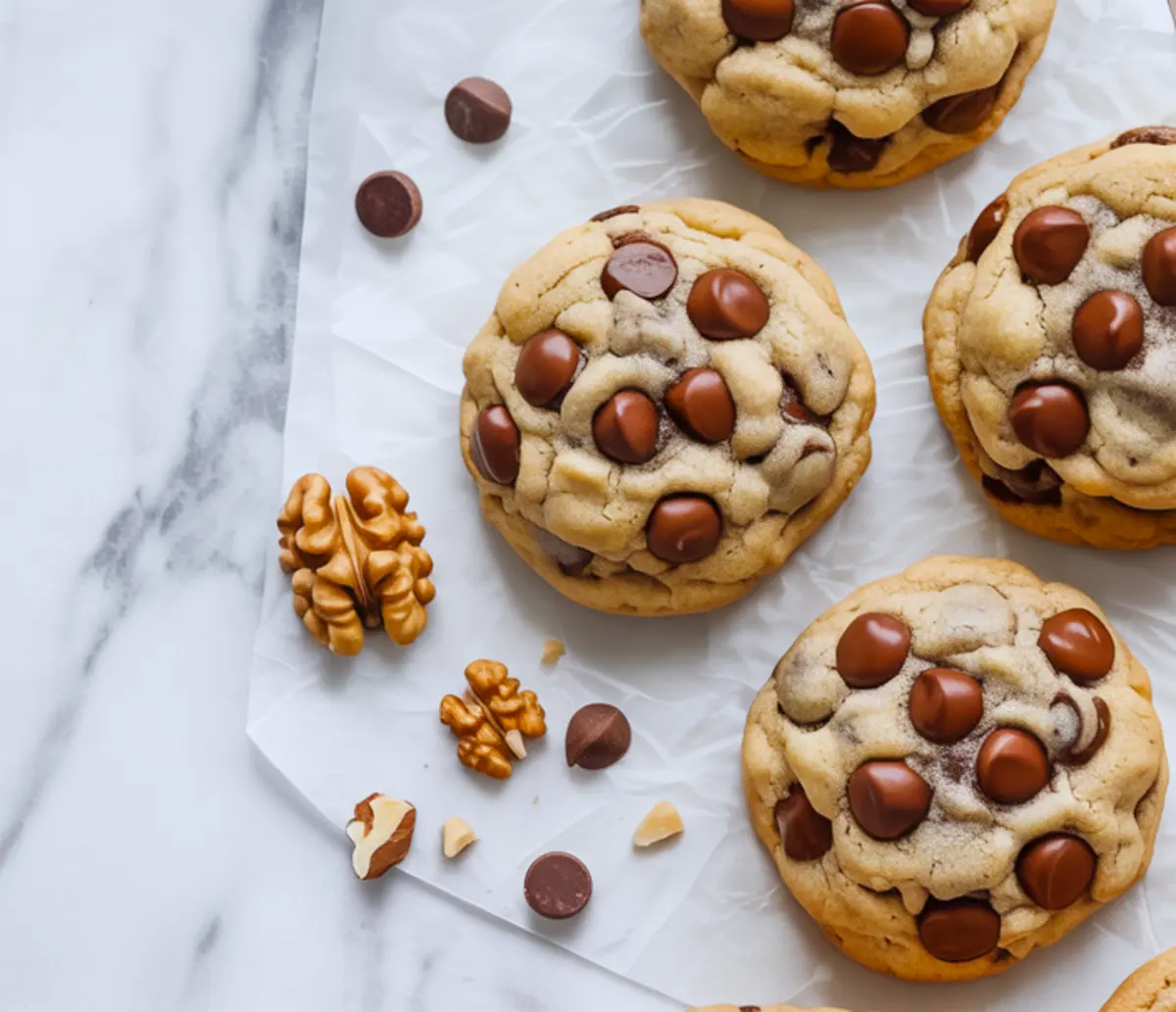 Freshly baked chocolate chip walnut cookies on parchment with melted chocolate chips, scattered walnut halves, and chocolate morsels.