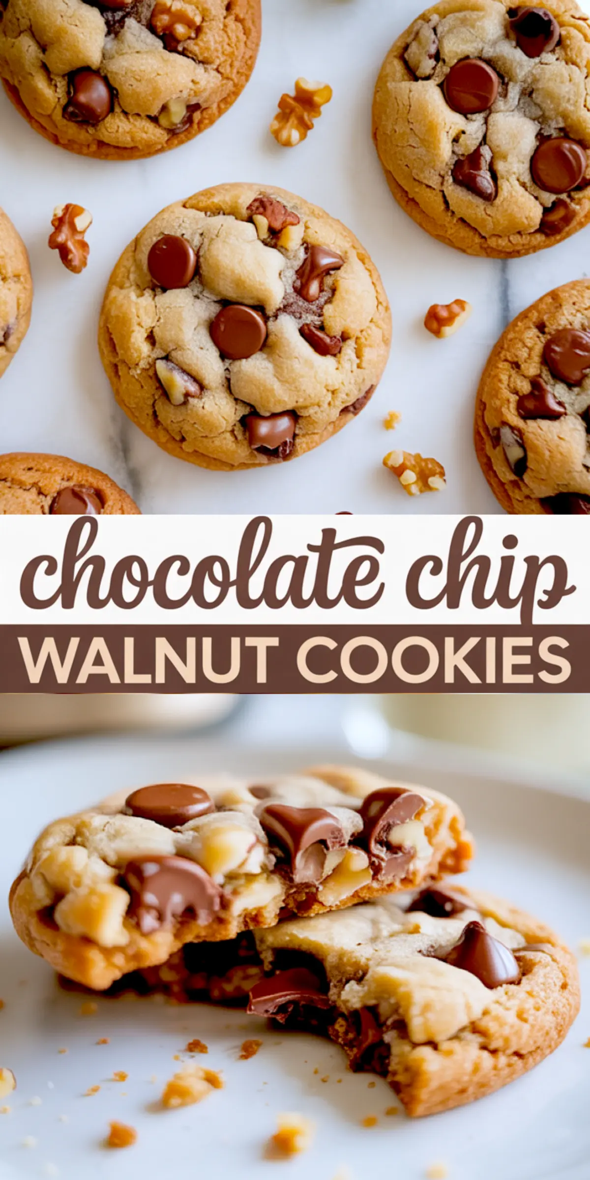 Collage featuring top-down and close-up views of chocolate chip walnut cookies, with golden edges, gooey melted chocolate, and crunchy walnuts on a white surface.
