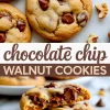 Chocolate chip walnut cookies collage showing whole cookies and a broken cookie with visible chunks of melted chocolate and walnuts, styled with scattered nuts and chocolate chips.