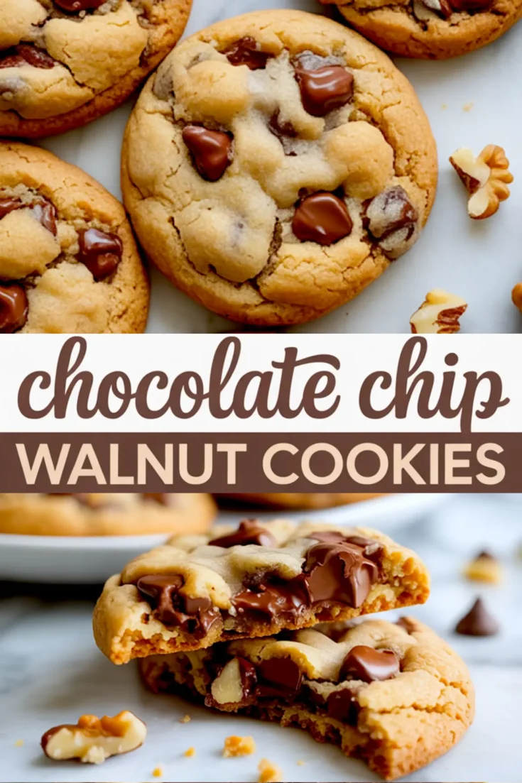 Chocolate chip walnut cookies collage showing whole cookies and a broken cookie with visible chunks of melted chocolate and walnuts, styled with scattered nuts and chocolate chips.