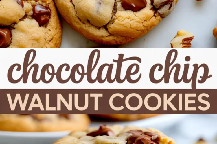 Chocolate chip walnut cookies collage showing whole cookies and a broken cookie with visible chunks of melted chocolate and walnuts, styled with scattered nuts and chocolate chips.