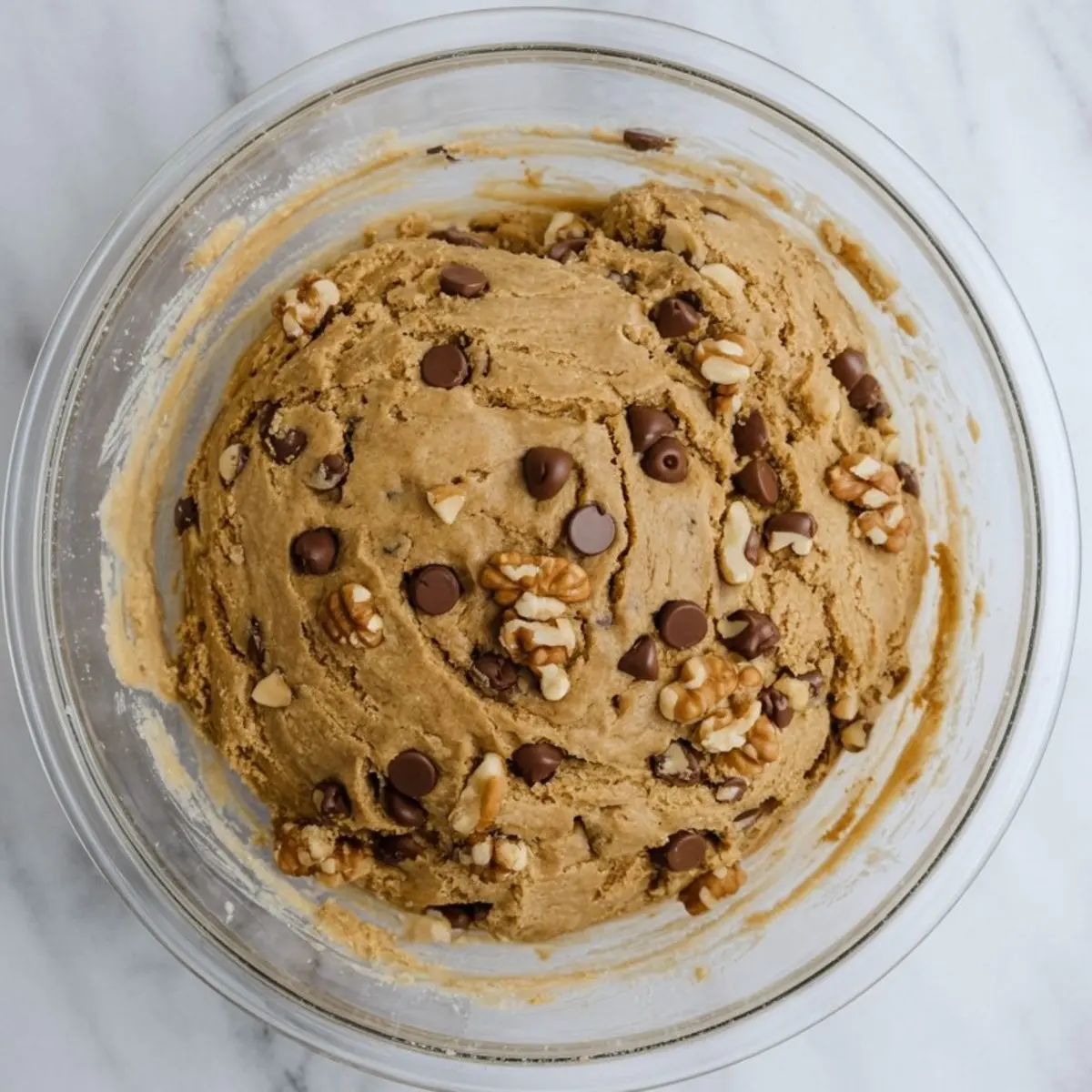 Thick cookie dough mixed with chocolate chips and chopped walnuts in a glass bowl on a marble countertop.