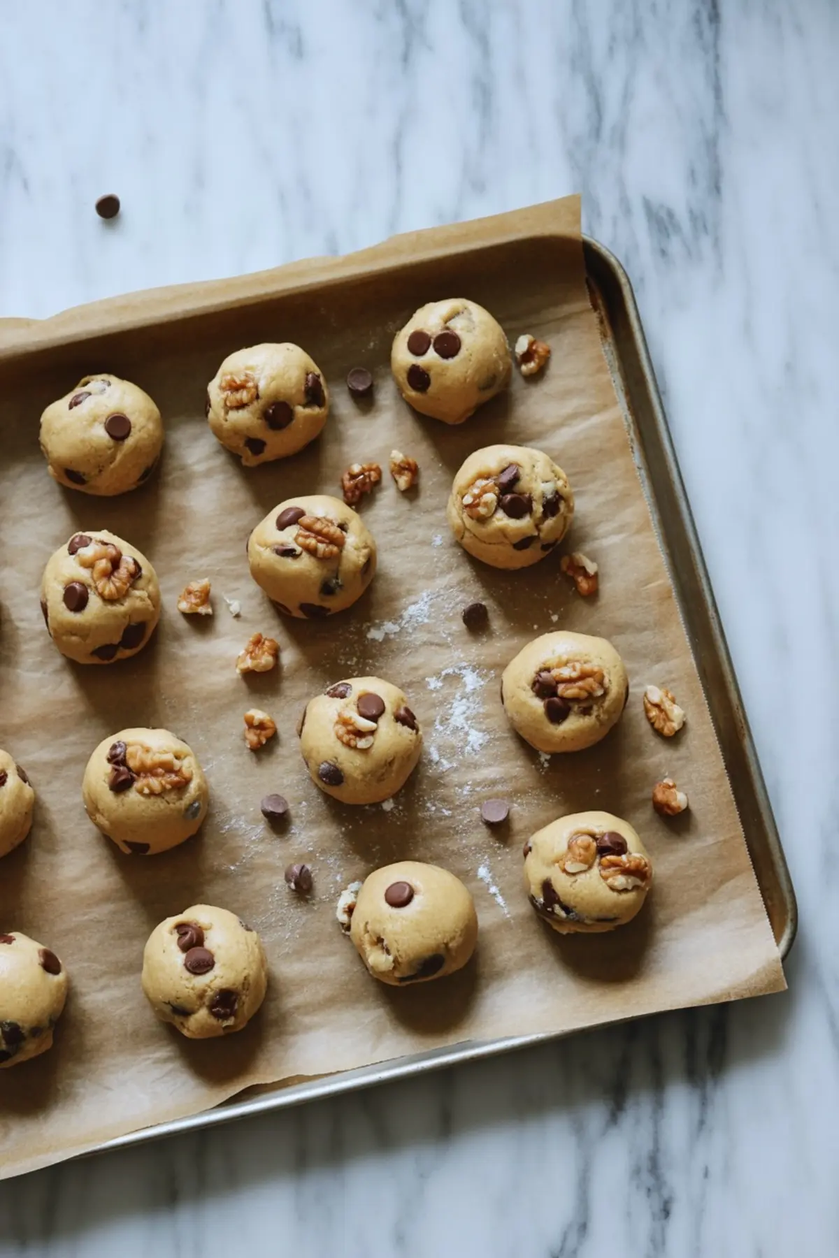 Unbaked chocolate chip walnut cookie dough balls arranged on a parchment-lined baking sheet, sprinkled with extra chips and walnut pieces.