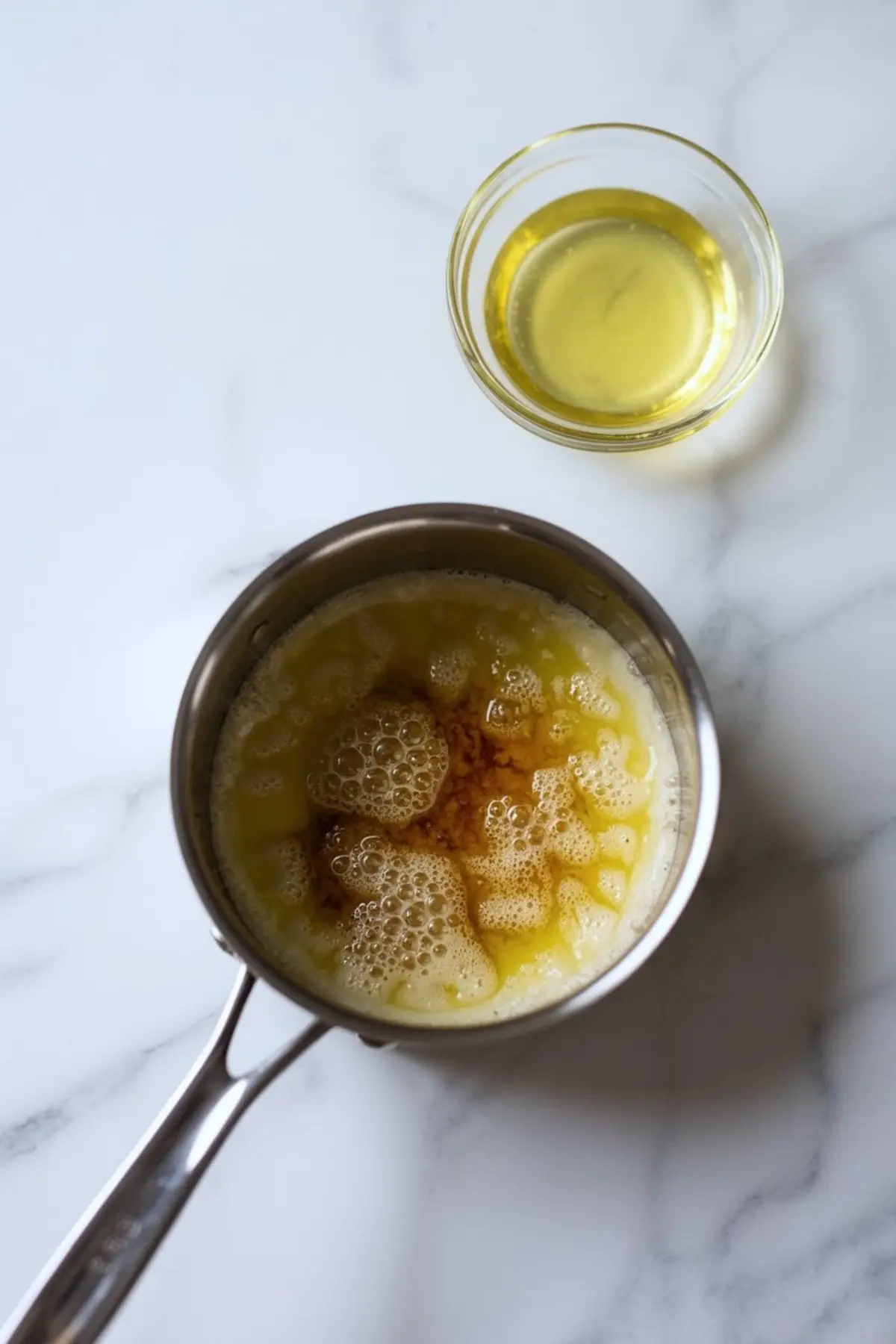Melted butter and vanilla mixture bubbling in a saucepan, next to a small glass bowl of vegetable oil on a white marble background.