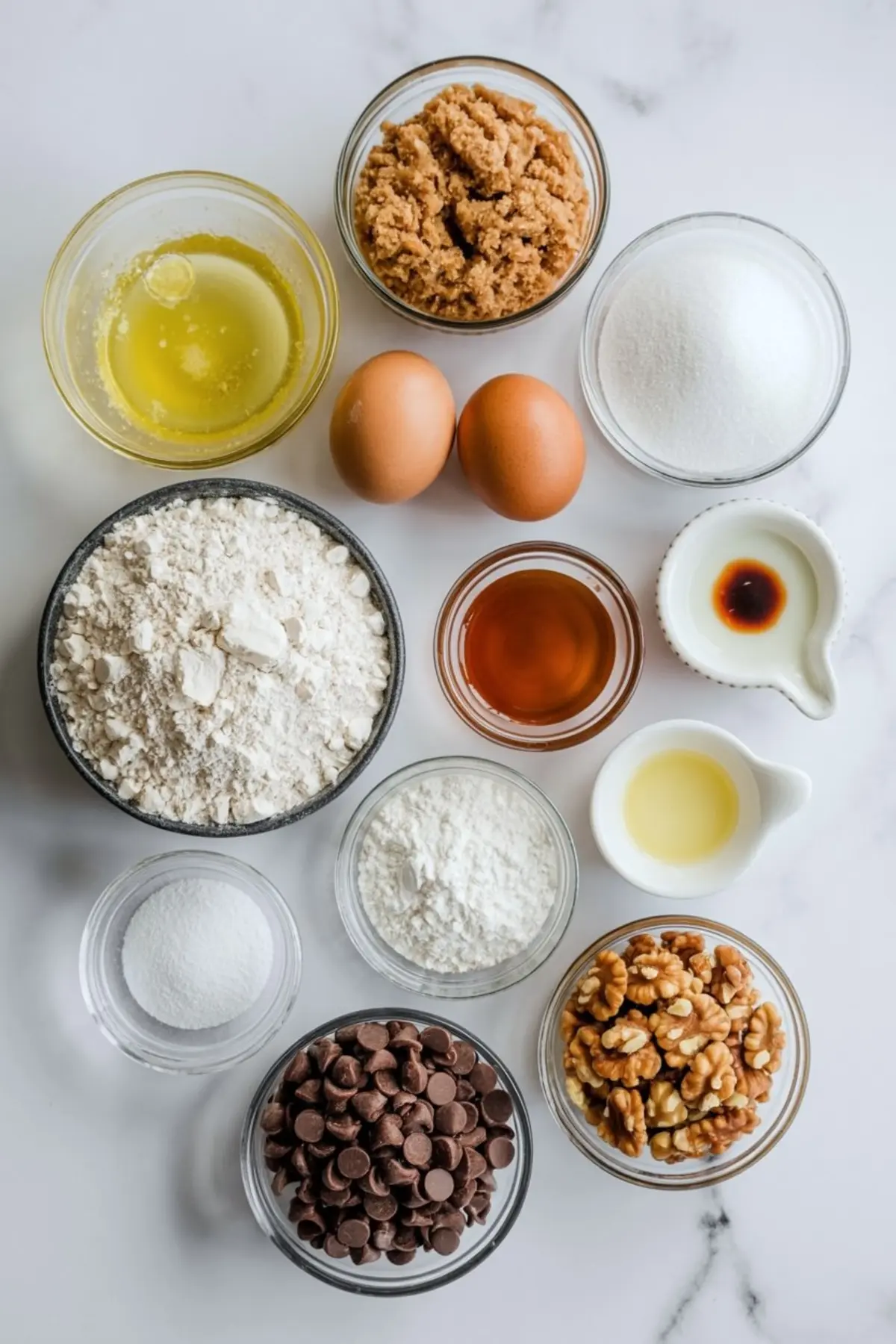 Flat lay of chocolate chip walnut cookie ingredients including brown sugar, white sugar, flour, cornstarch, baking soda, eggs, butter, vanilla, oil, chocolate chips, and walnuts in glass bowls.