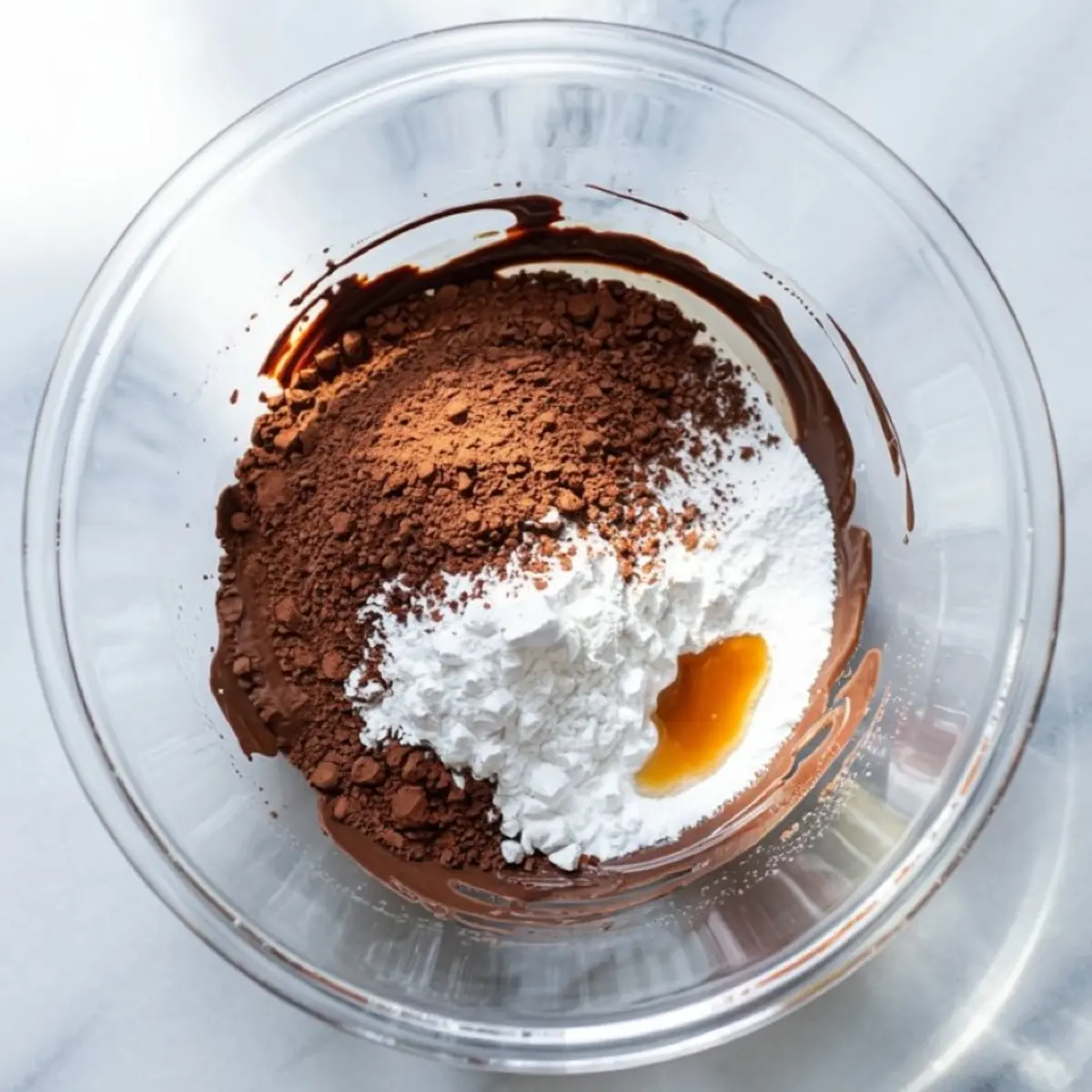 Glass bowl with cocoa powder, powdered sugar, melted chocolate, and vanilla extract on a white marble surface.
