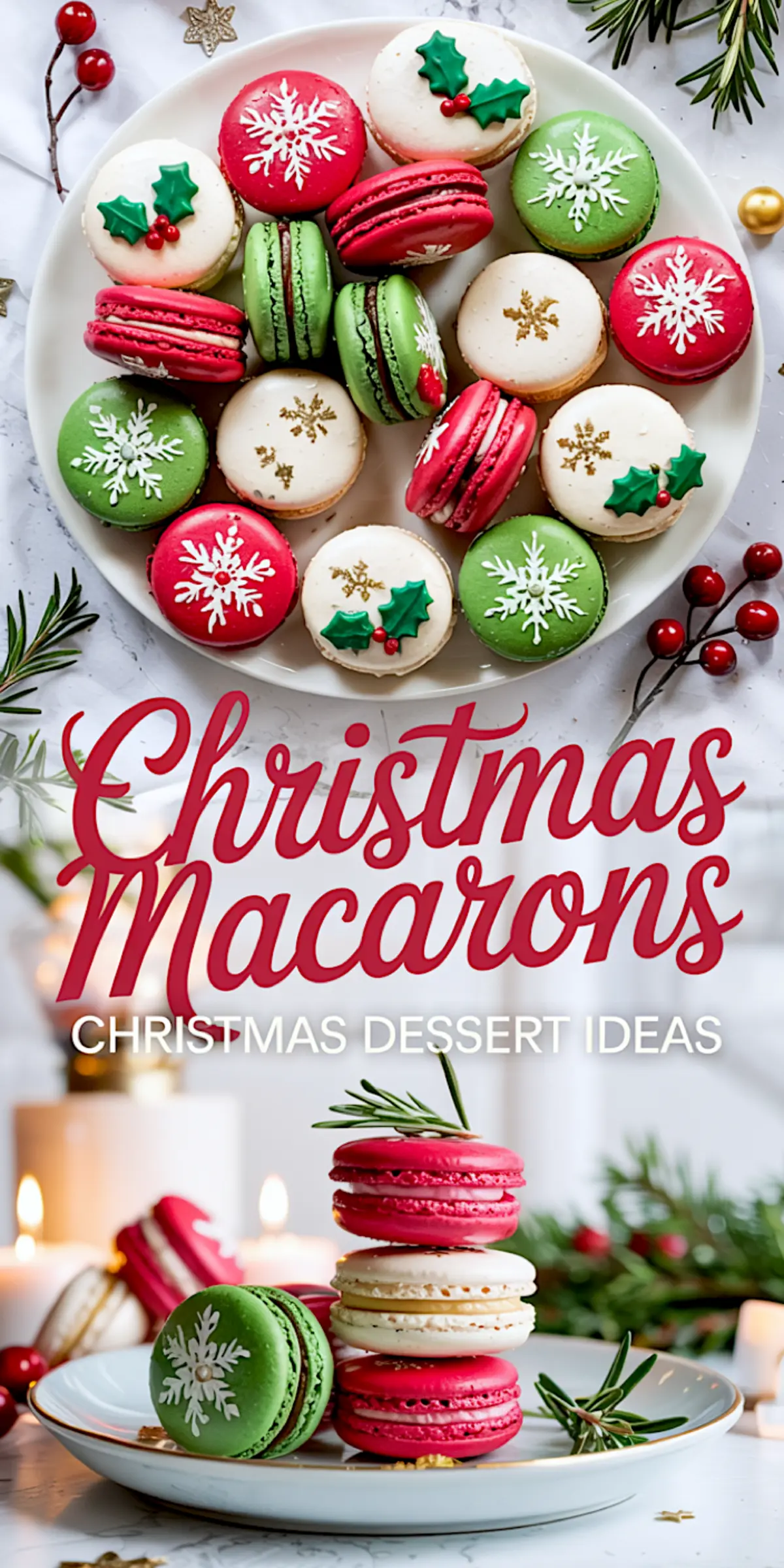Collage showing a plate of assorted holiday macarons in red, green, and white with festive icing designs and a stack of macarons beside candles and Christmas greenery.