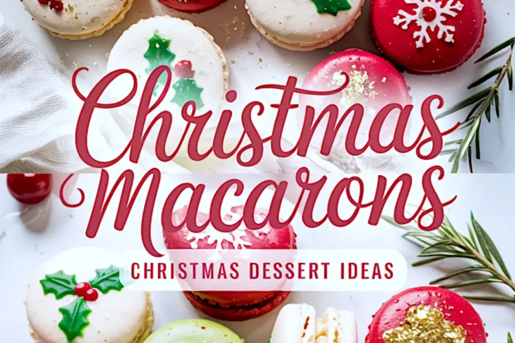 Festive Christmas macarons in red, green, and white decorated with holly leaves, snowflakes, and gold sprinkles, surrounded by rosemary sprigs.