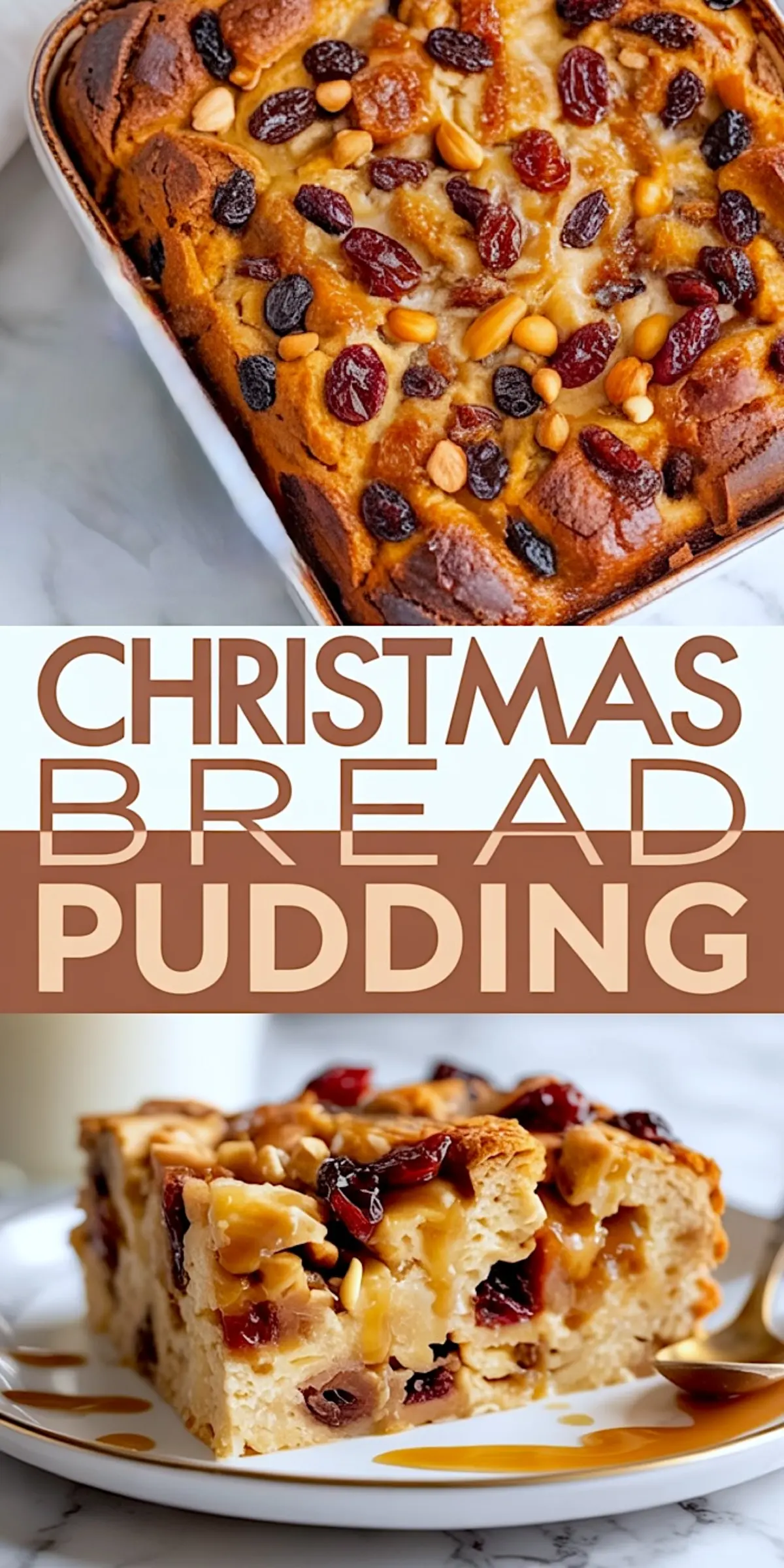 Close-up of baked Christmas bread pudding in a rectangular pan, topped with golden raisins, dried cranberries, and mixed nuts for a festive holiday dessert look.
