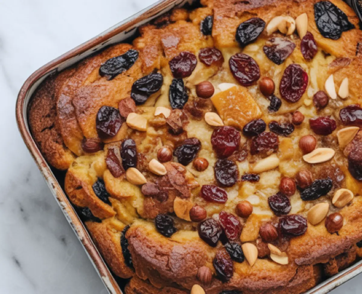 Overhead shot of a golden-baked bread pudding topped with raisins, cranberries, hazelnuts, and almonds in a metal baking dish on a marble background.
