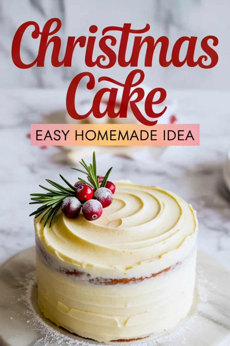 Christmas cake decorated with creamy white frosting, fresh rosemary sprigs, and sugared cranberries on top, with “Christmas Cake Easy Homemade Idea” text overlay in festive red.
