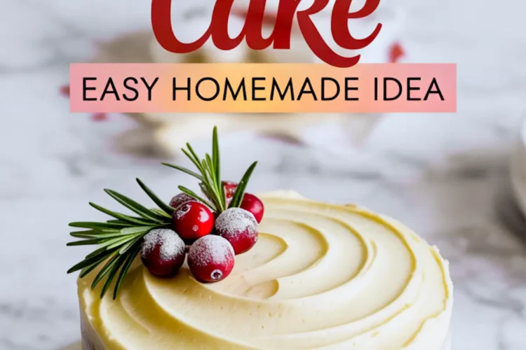 Christmas cake decorated with creamy white frosting, fresh rosemary sprigs, and sugared cranberries on top, with “Christmas Cake Easy Homemade Idea” text overlay in festive red.