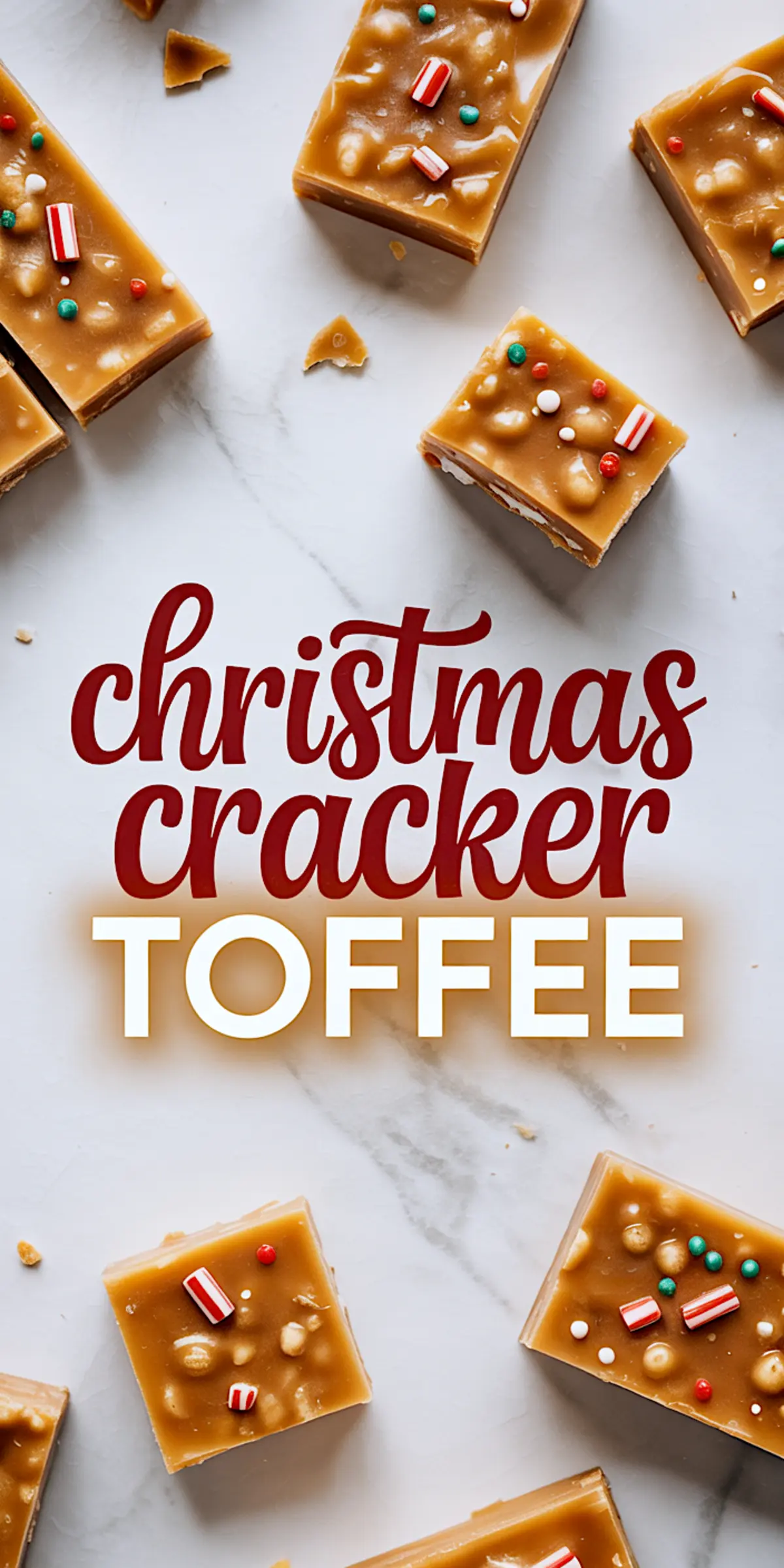 Golden toffee bars topped with crushed peppermint sticks and red, white, and green round sprinkles arranged on white marble.