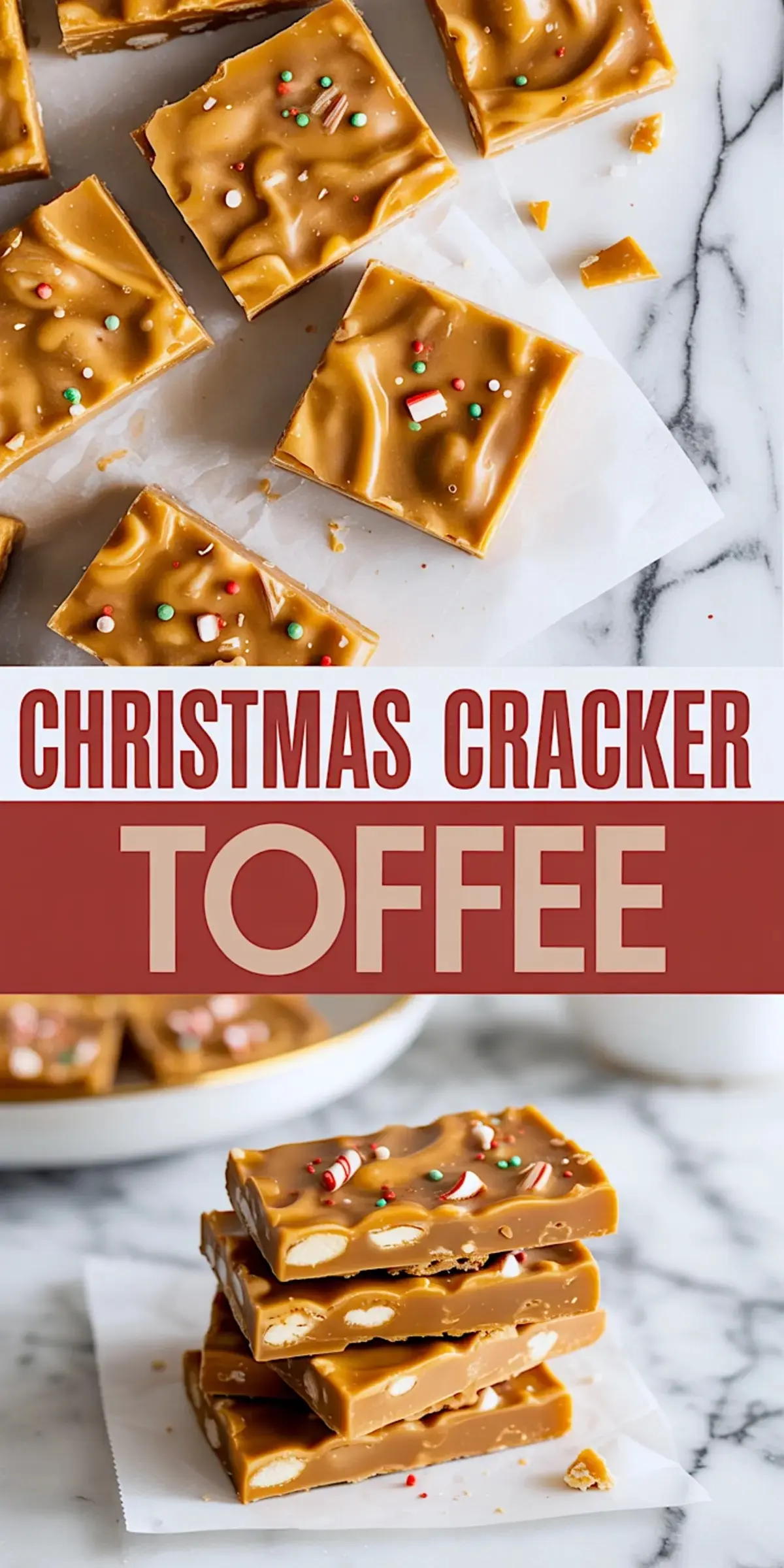 Two-view collage featuring overhead and side views of Christmas cracker toffee topped with colorful sprinkles and candy cane pieces, displayed on white paper and marble surfaces.