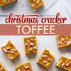 Split image showing Christmas cracker toffee pieces with candy cane bits and nuts on parchment paper, with festive red lettering reading “Christmas Cracker Toffee” across the center.