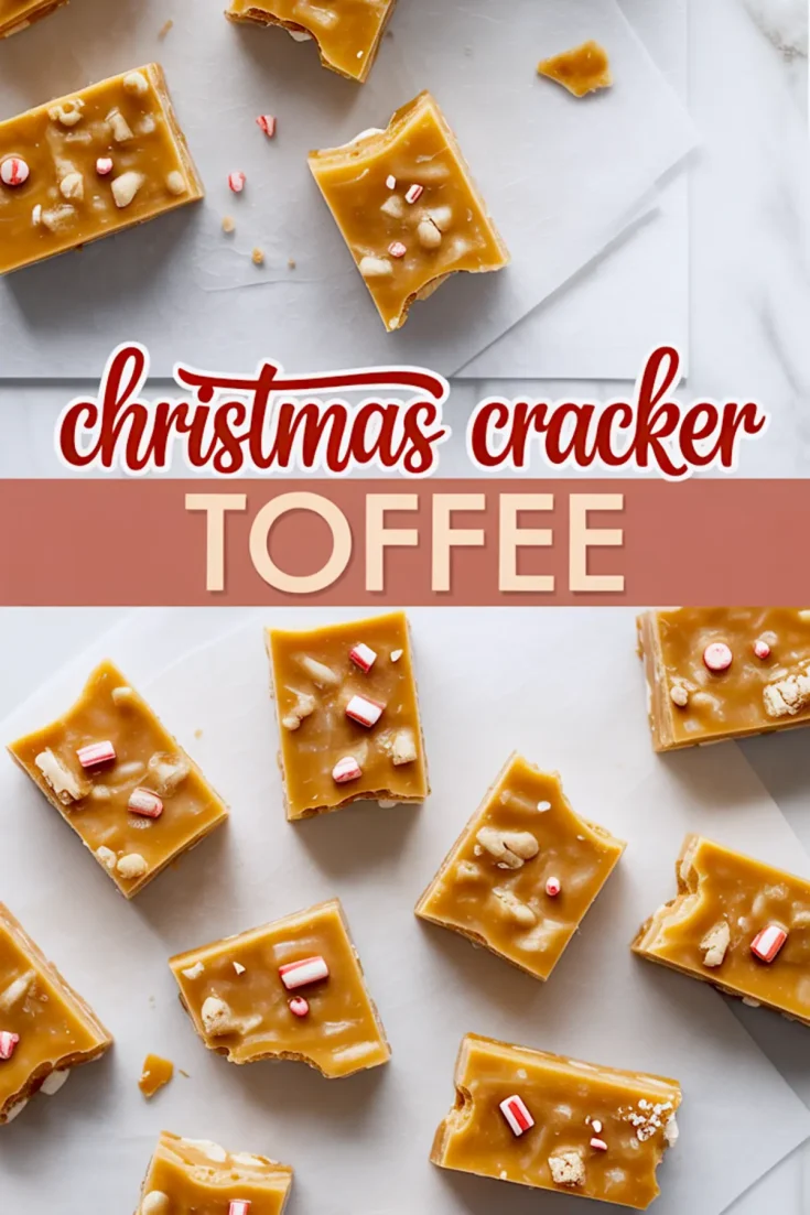 Split image showing Christmas cracker toffee pieces with candy cane bits and nuts on parchment paper, with festive red lettering reading “Christmas Cracker Toffee” across the center.
