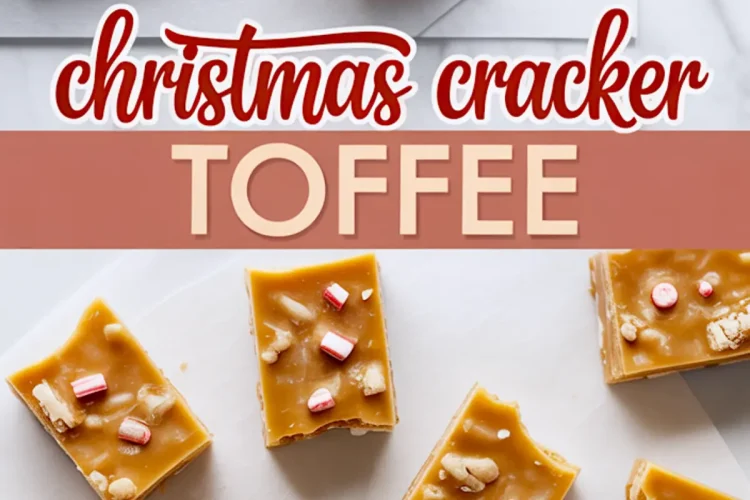 Split image showing Christmas cracker toffee pieces with candy cane bits and nuts on parchment paper, with festive red lettering reading “Christmas Cracker Toffee” across the center.