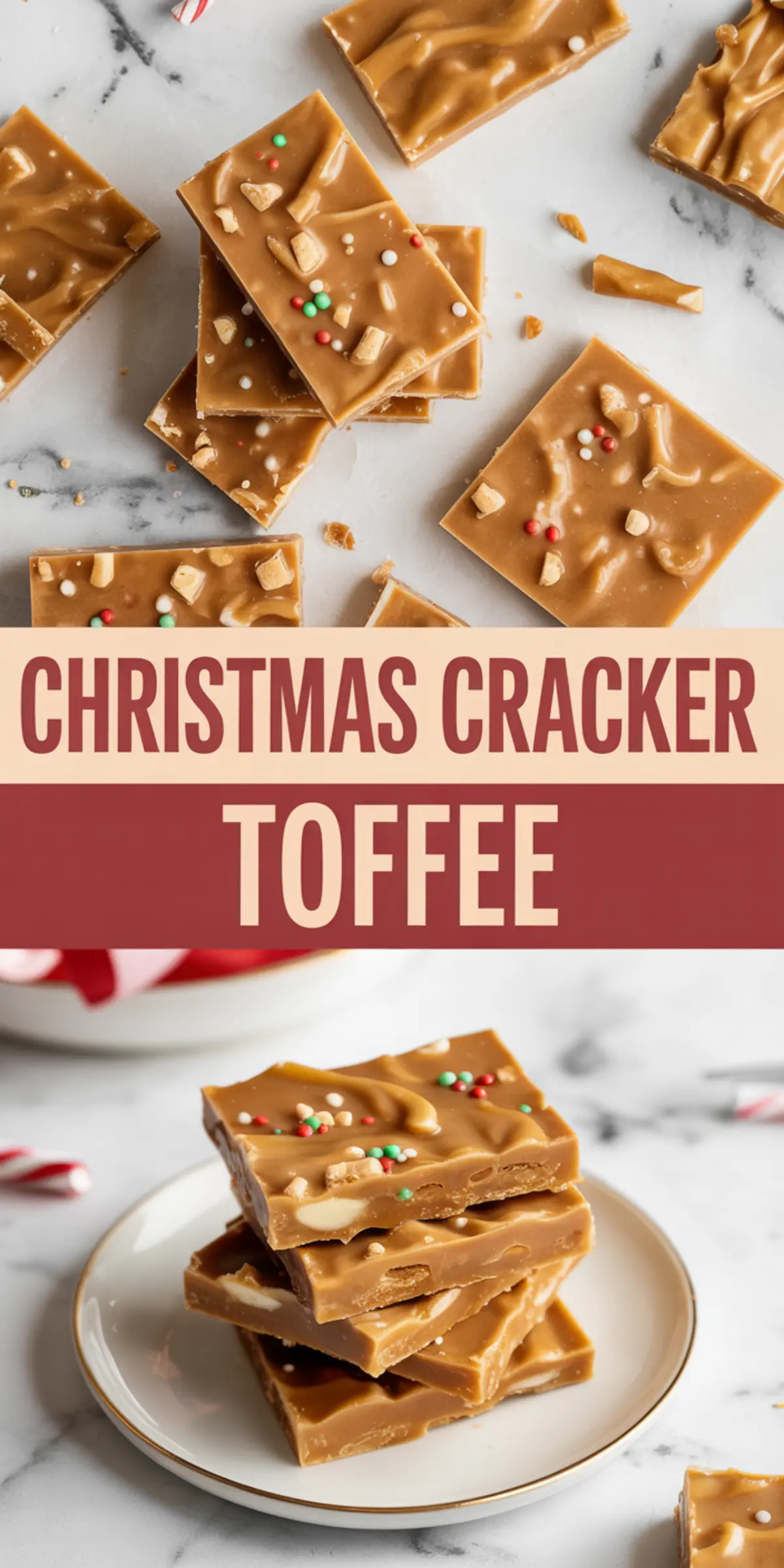 Rectangular golden toffee pieces topped with candy cane bits and crushed crackers scattered on parchment paper over a marble surface.