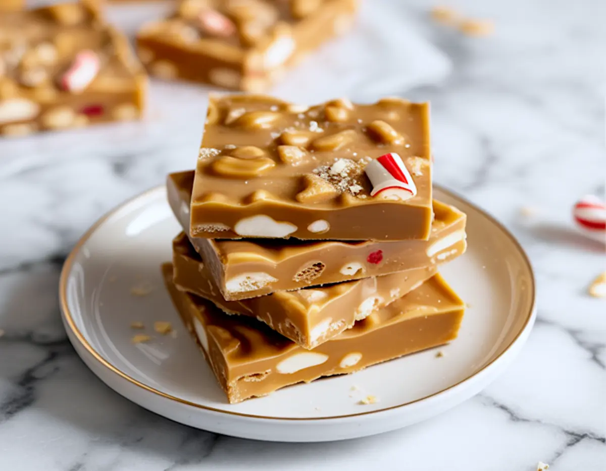 Side view of thick toffee squares with visible cracker and nut layers stacked on a round white plate with a gold rim, placed on a marble background.