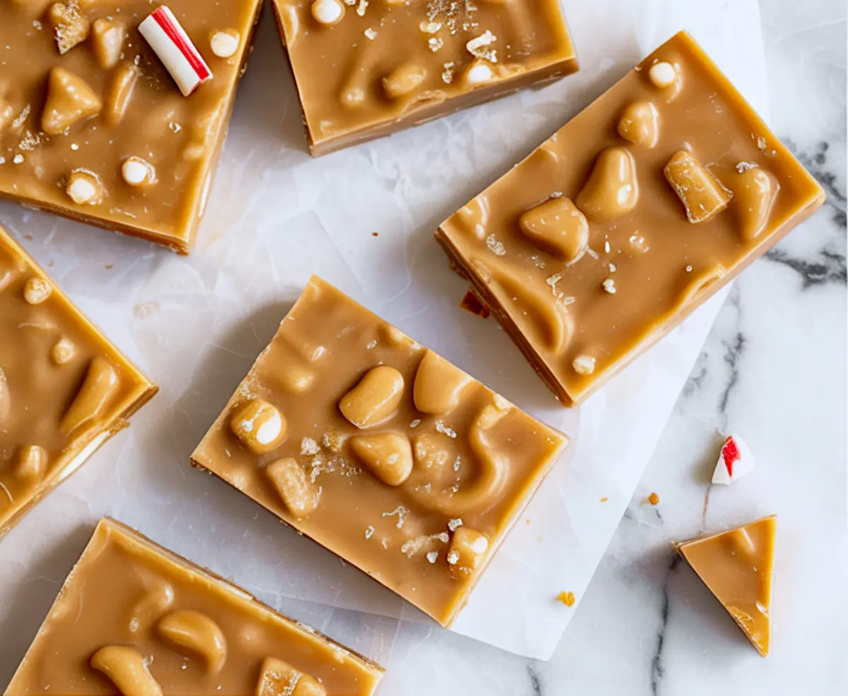 Detailed top view of Christmas cracker toffee pieces loaded with chopped nuts and melted caramel, arranged on parchment over a marble counter.