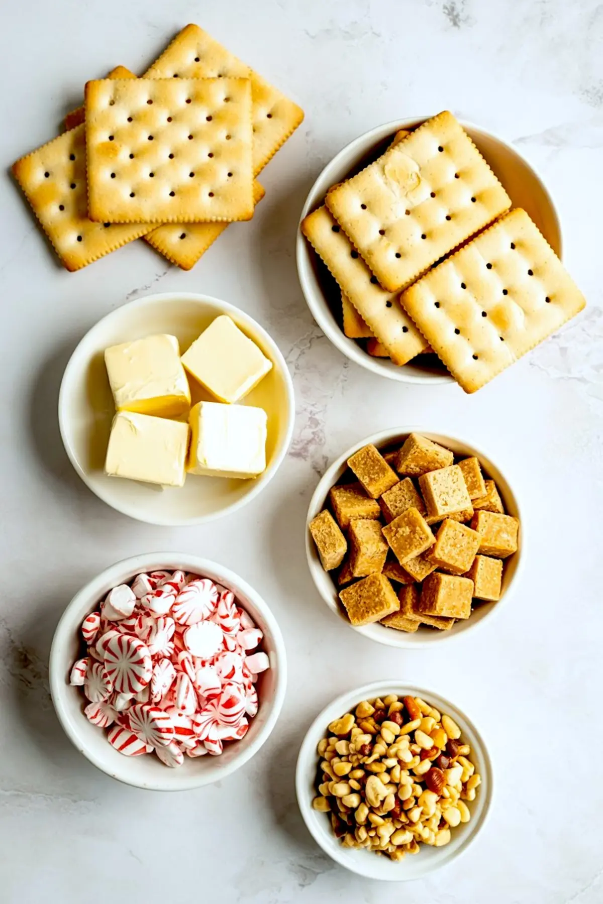 Overhead view of square saltine crackers, cubed butter, brown sugar chunks, crushed peppermint candies, chopped nuts, and caramel candies arranged in white bowls on a marble surface.