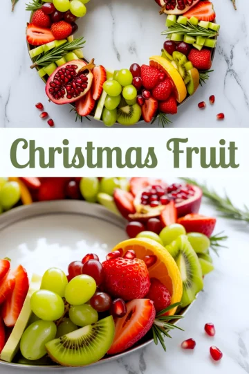 Holiday fruit wreath with a vibrant mix of sliced strawberries, kiwi, orange, grapes, apples, and halved pomegranates arranged on a round platter with rosemary, perfect for Christmas fruit tray ideas, Santa fruit tray, and Thanksgiving fruit centerpieces.