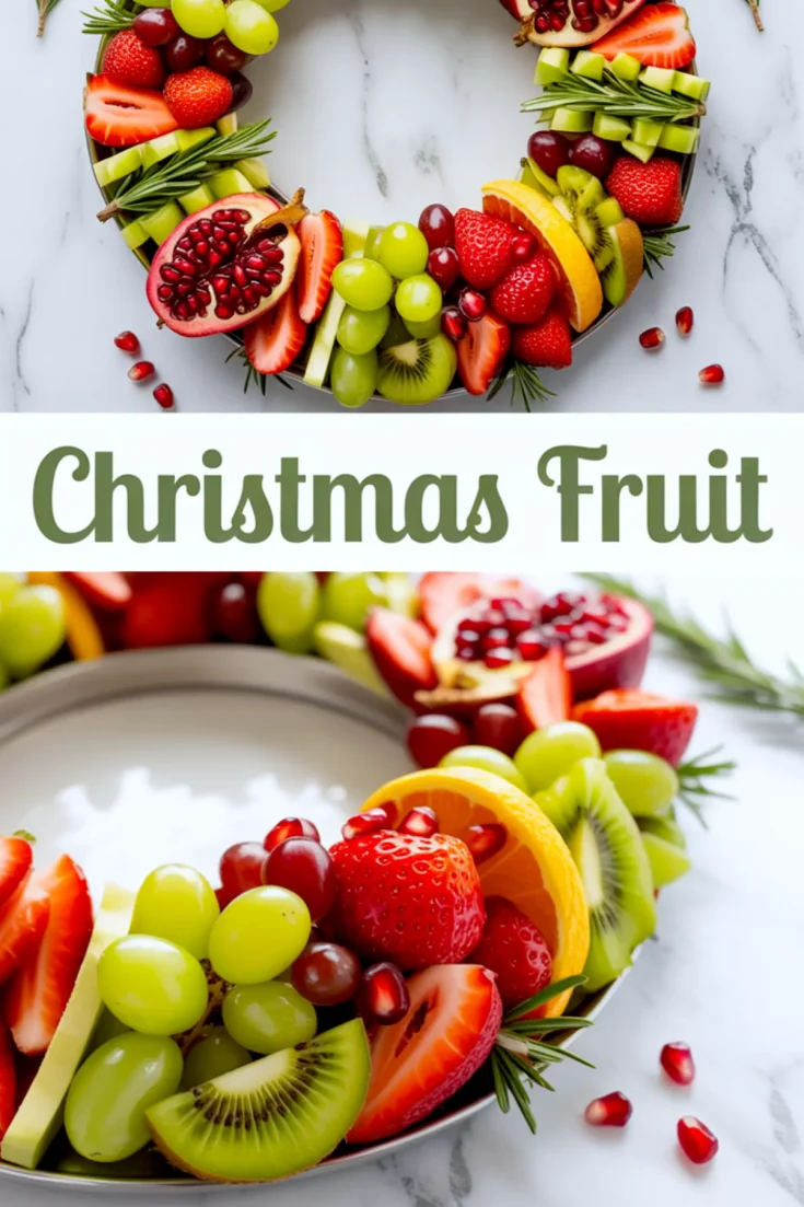 Holiday fruit wreath with a vibrant mix of sliced strawberries, kiwi, orange, grapes, apples, and halved pomegranates arranged on a round platter with rosemary, perfect for Christmas fruit tray ideas, Santa fruit tray, and Thanksgiving fruit centerpieces.