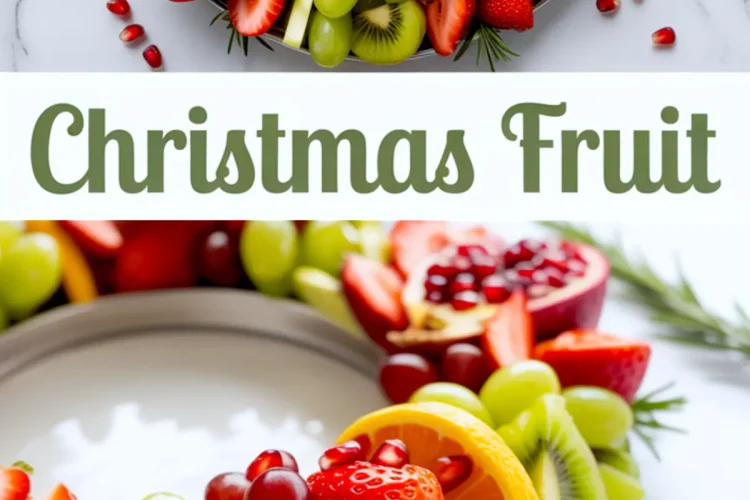 Holiday fruit wreath with a vibrant mix of sliced strawberries, kiwi, orange, grapes, apples, and halved pomegranates arranged on a round platter with rosemary, perfect for Christmas fruit tray ideas, Santa fruit tray, and Thanksgiving fruit centerpieces.