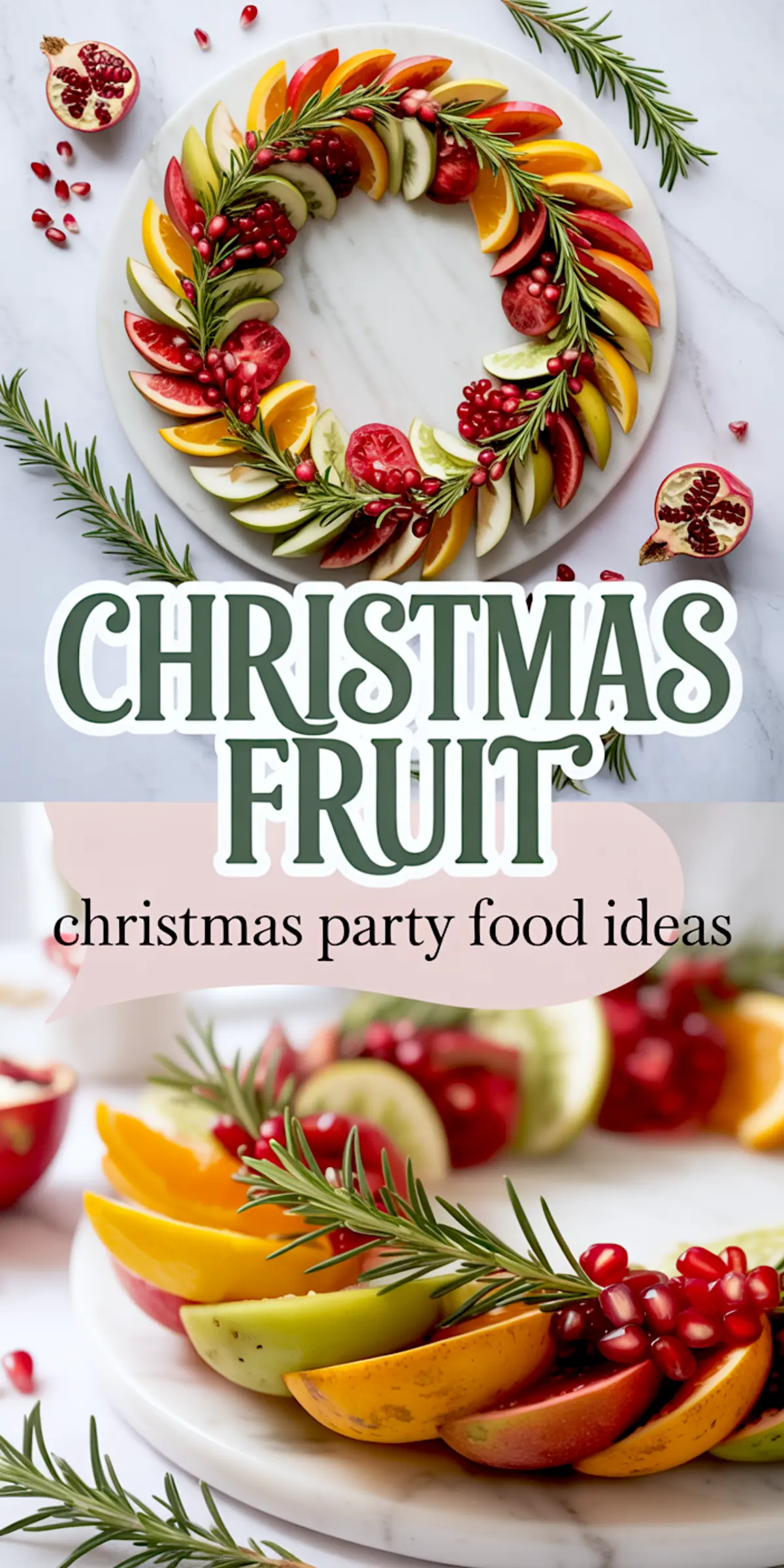 Festive Christmas fruit platter designed in a circular wreath shape with layered slices of oranges, apples, pomegranates, and garnished with rosemary sprigs, styled for Christmas fruit platter ideas, holiday fruit platter inspiration, and festive party displays.
