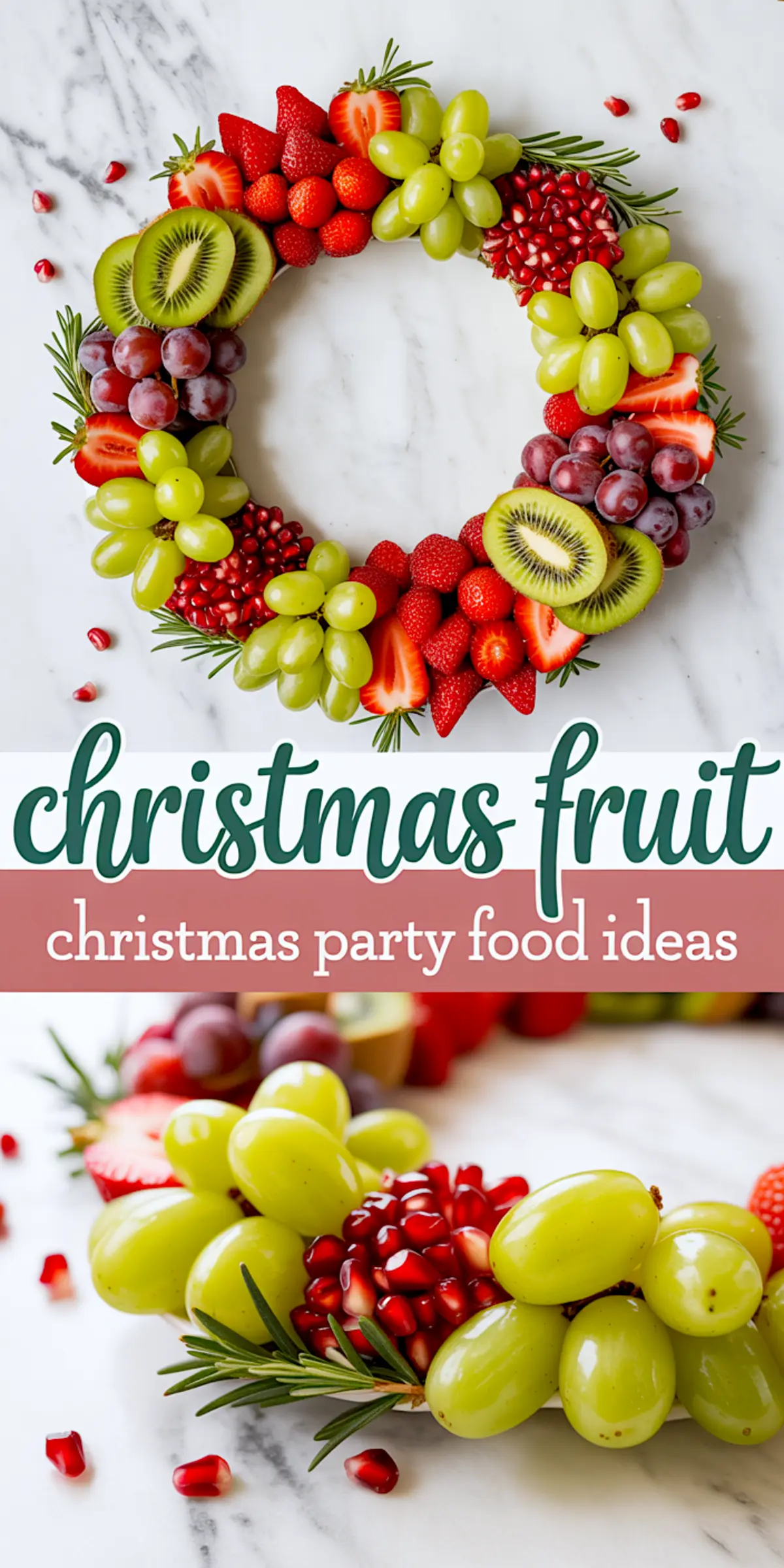 Bright and colorful Christmas fruit wreath made with green grapes, strawberries, kiwi slices, red grapes, and pomegranate seeds, accented with rosemary on a marble surface, great for Christmas fruit salad, holiday fruit platter, and festive entertaining ideas.
