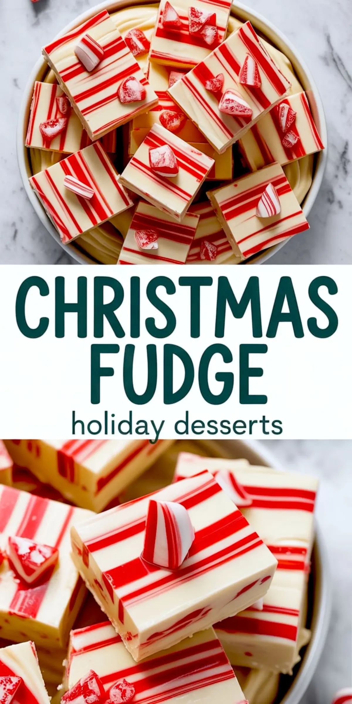 White chocolate fudge with bold red candy cane stripes and large peppermint pieces on top, displayed in a stacked arrangement on a plate for an eye-catching Christmas dessert idea.