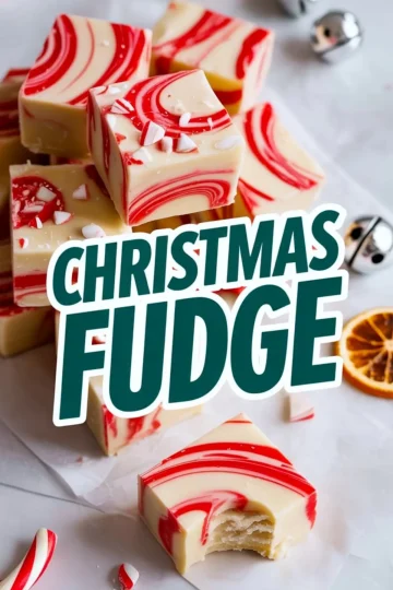 Stack of creamy white chocolate peppermint fudge with red swirls and crushed candy canes, one piece showing a bite, surrounded by dried oranges, jingle bells, and marble background for Christmas treat presentation.