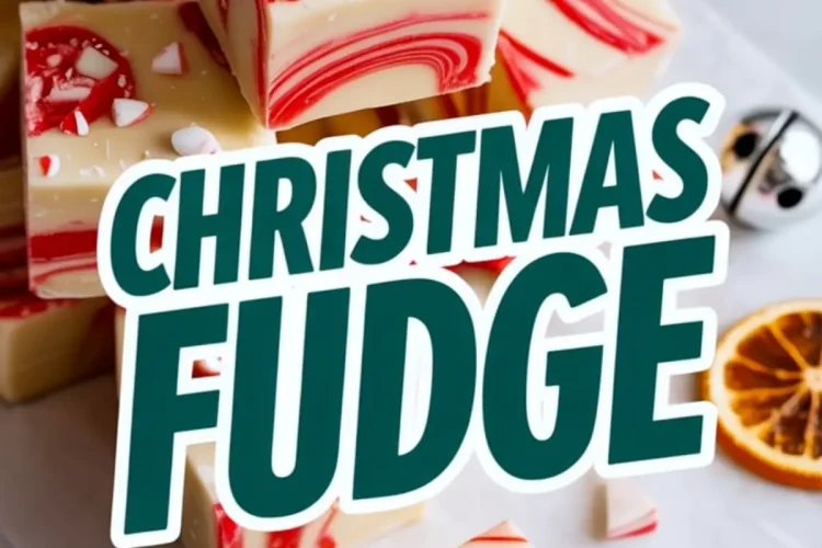 Stack of creamy white chocolate peppermint fudge with red swirls and crushed candy canes, one piece showing a bite, surrounded by dried oranges, jingle bells, and marble background for Christmas treat presentation.