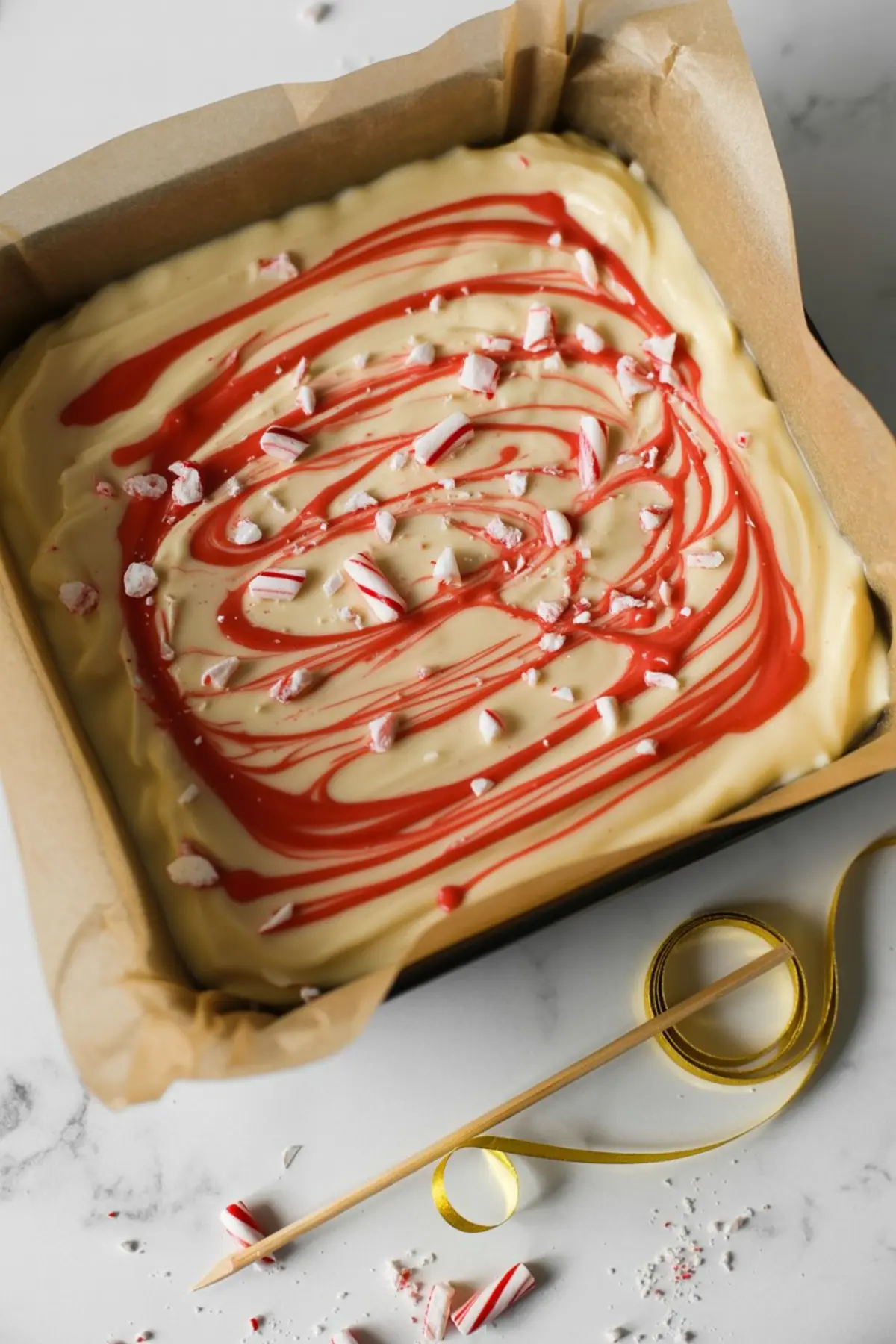 Baking pan filled with swirled peppermint fudge mixture topped with crushed candy canes, ready to be chilled and sliced into festive Christmas treats.