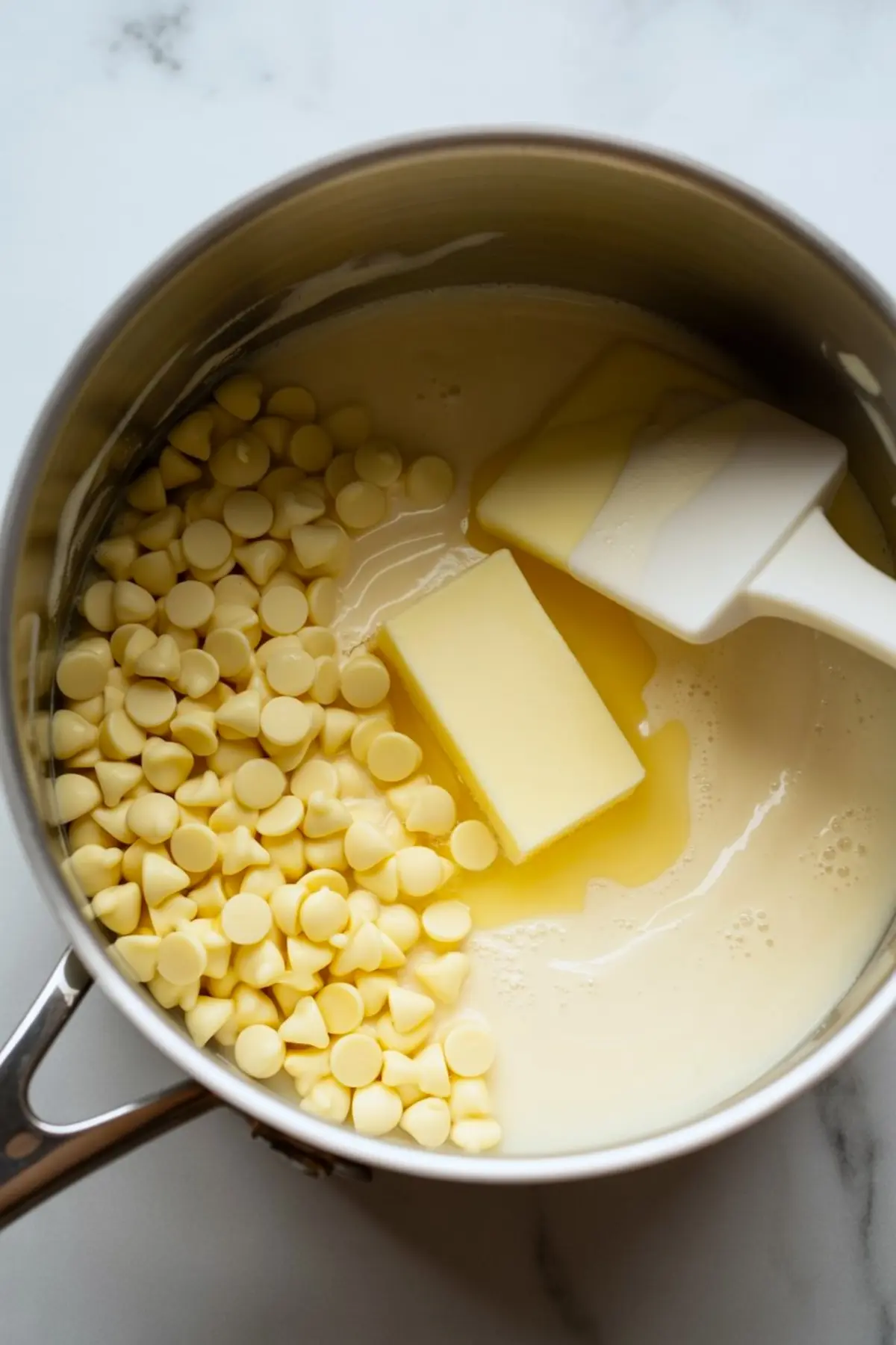 Melted white chocolate chips, butter, and condensed milk in a saucepan being stirred to create a rich base for homemade holiday fudge.