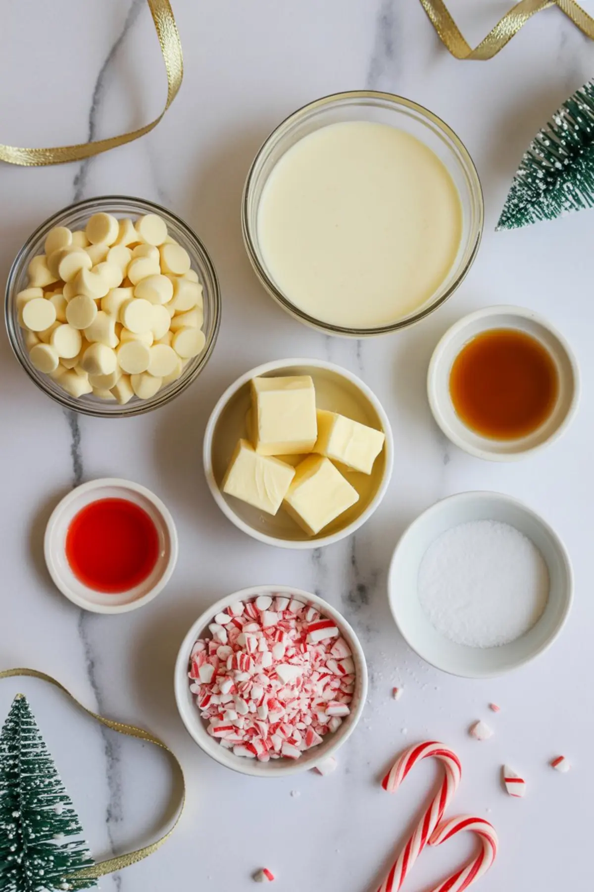 Flat lay of white chocolate peppermint fudge ingredients including white chocolate chips, butter, crushed candy canes, vanilla extract, peppermint extract, cream, and sugar, styled with holiday ribbon and candy canes on marble.