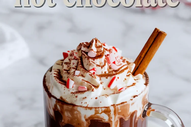 Glass mug of creamy hot chocolate topped with whipped cream, crushed peppermint candy, cocoa powder, and a cinnamon stick, placed on a marble surface with Christmas-themed candy decor.